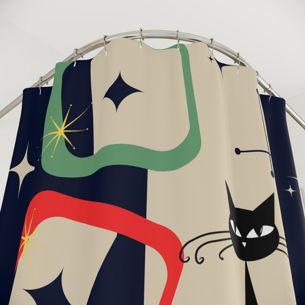 Atomic cat MCM retro shapes red green blue beige Shower Curtain, Mid Century Modern, bathtub or stall, Mid Mod Bathroom, housewarming gift