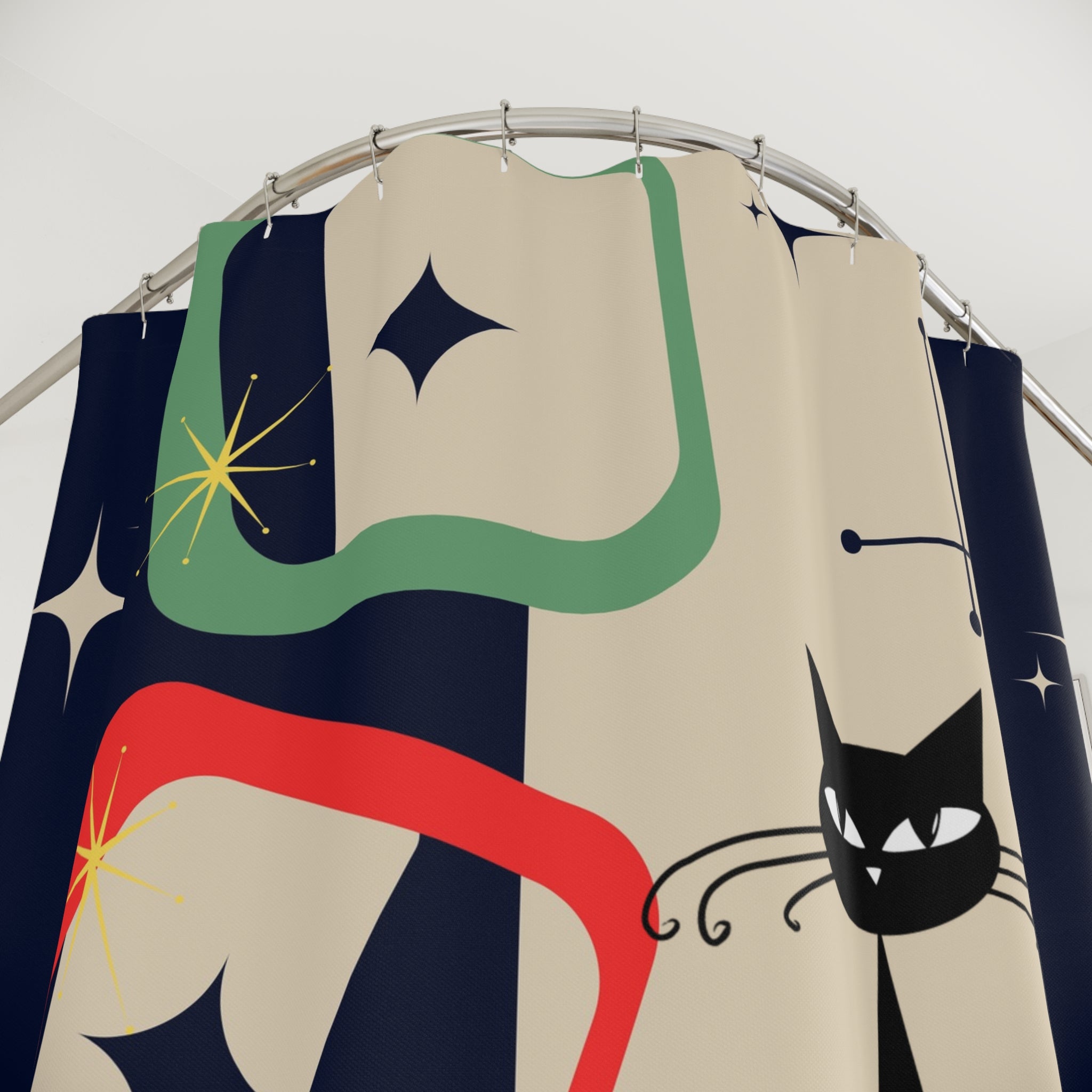 Atomic cat MCM retro shapes red green blue beige Shower Curtain, Mid Century Modern, bathtub or stall, Mid Mod Bathroom, housewarming gift