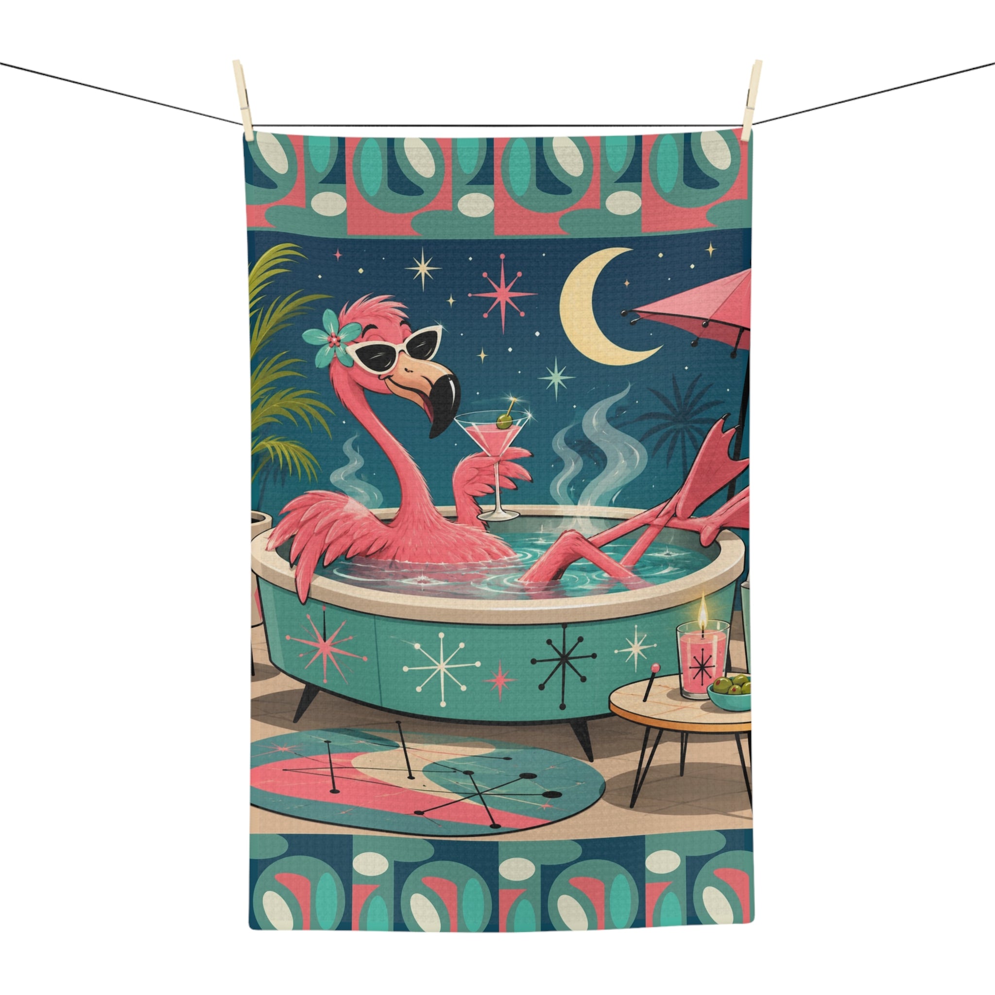 Retro Flamingo in Hot Tub Microfiber Tea Towel | Mid Century Tropical