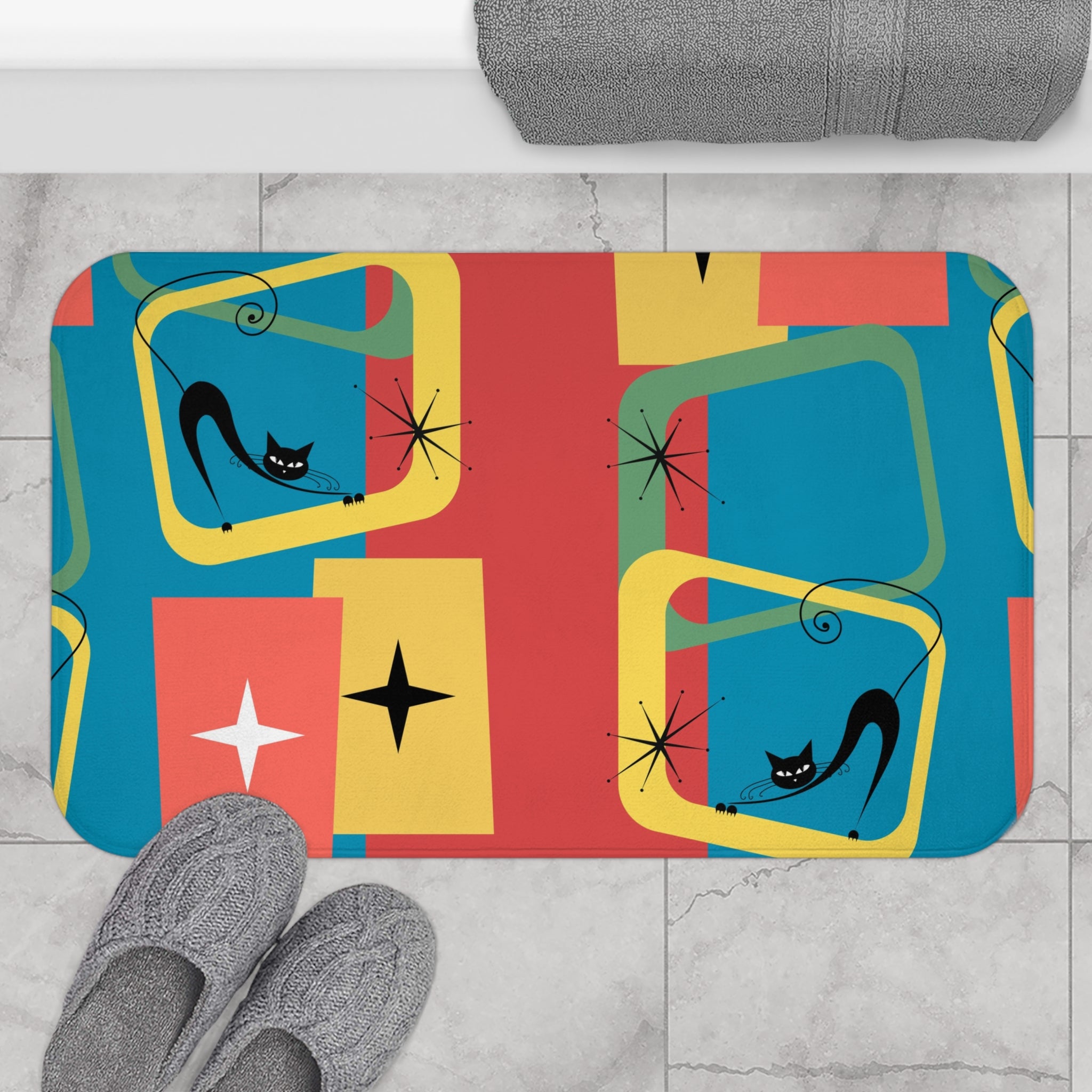Atomic cat MCM Bath Mat Mid Century Modern retro bathroom black cat lover gift