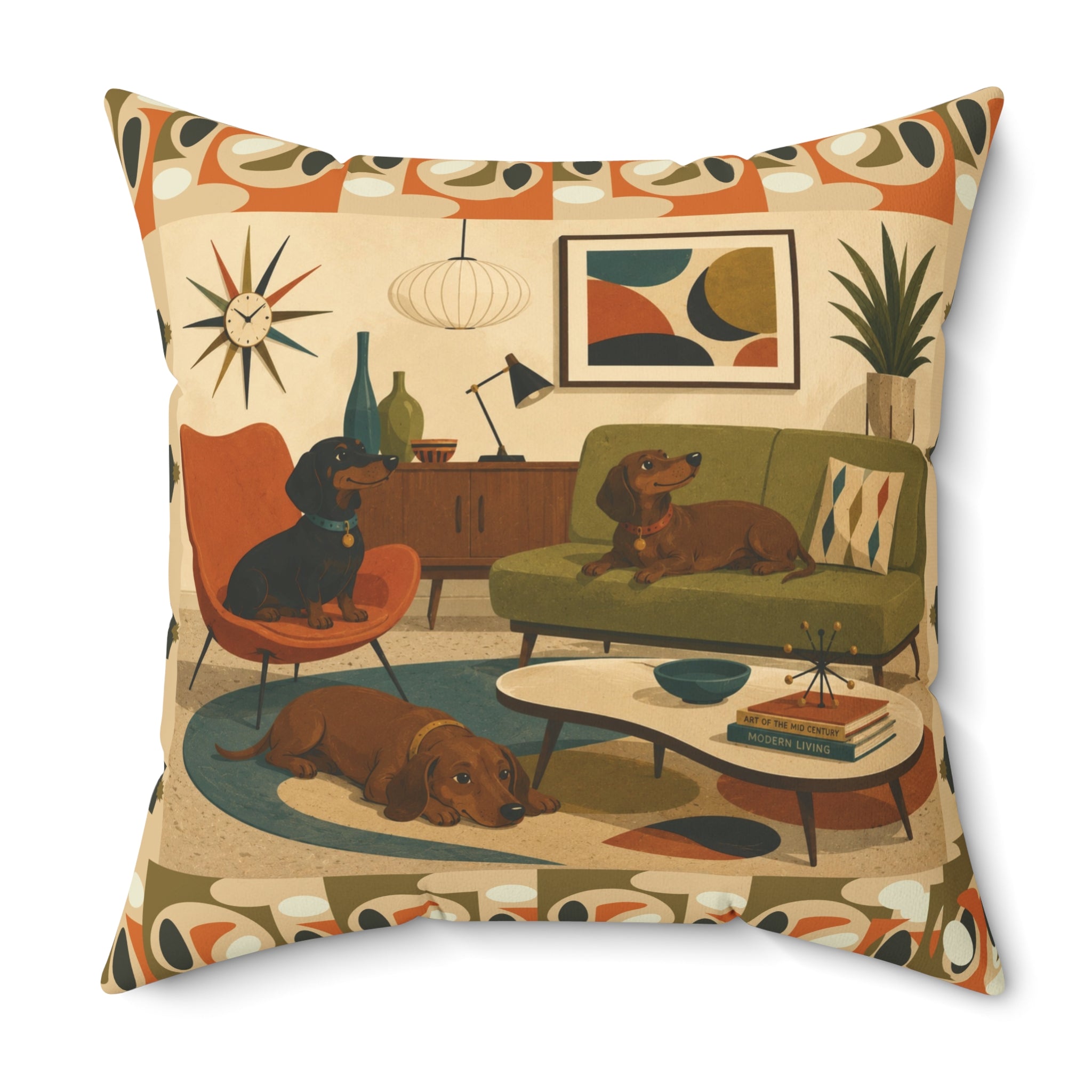 Mid-Century Dachshund Living Room Dogs - Pillow