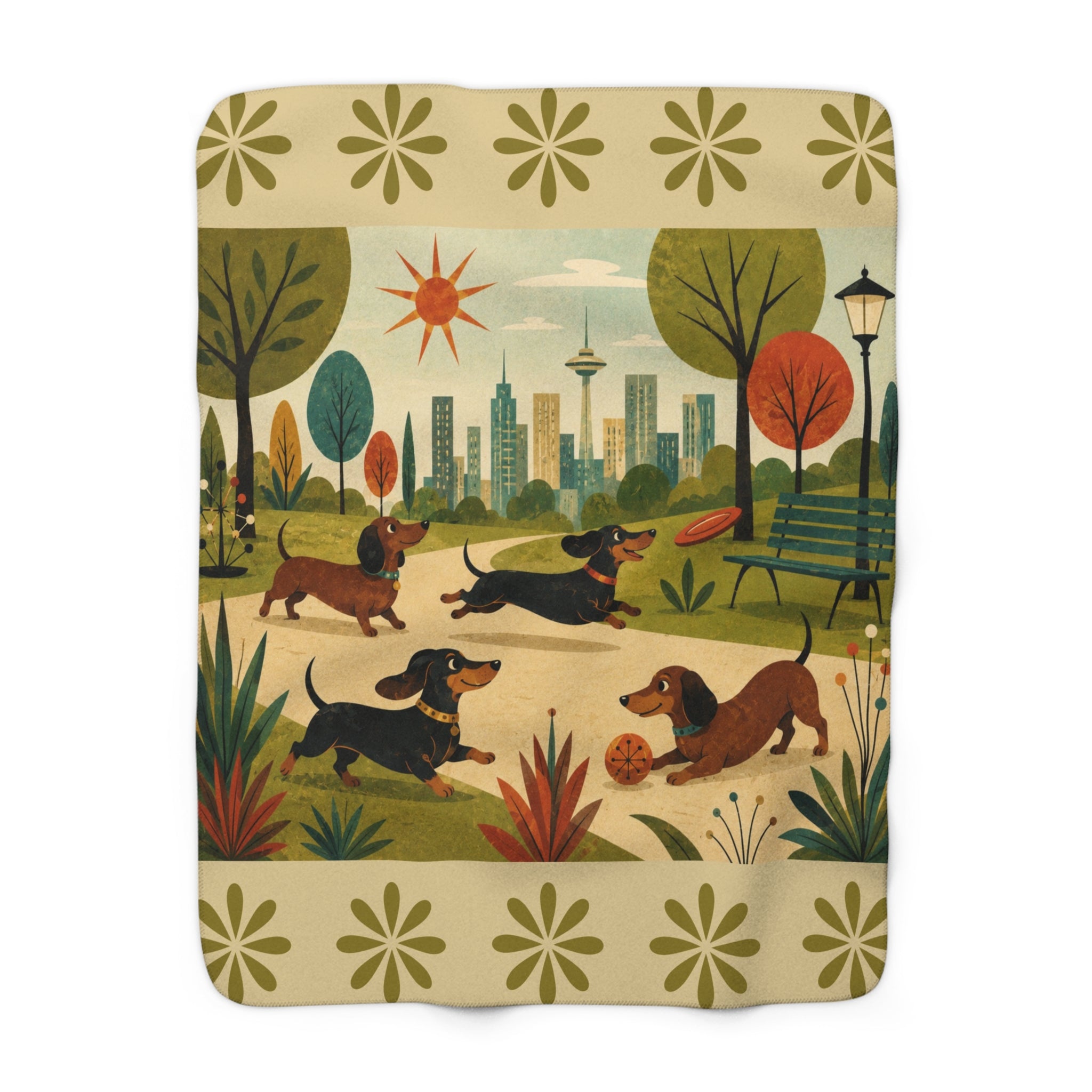 MCM Dachshund Park Scene Sherpa Blanket | Retro City Park Dogs, Cozy Fleece