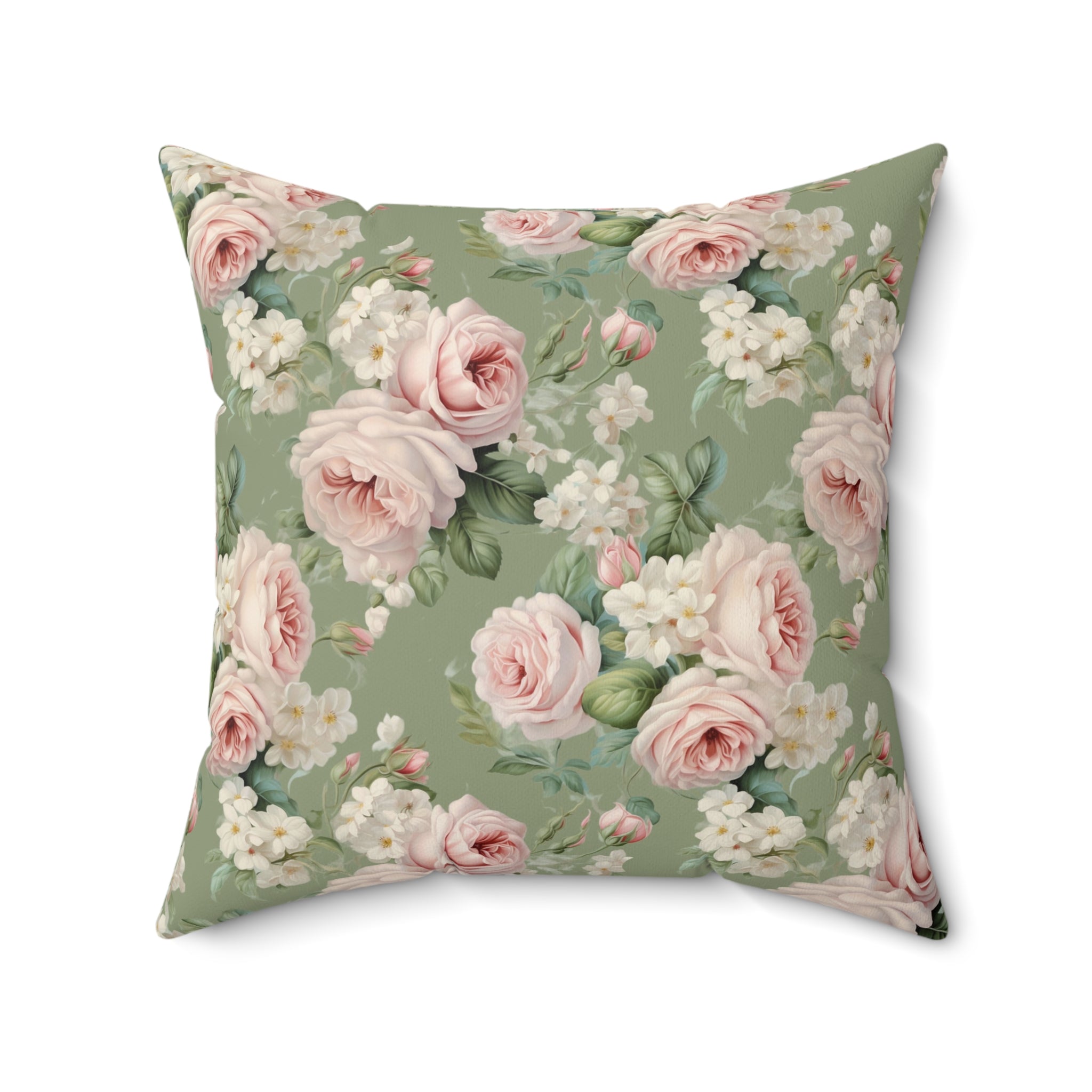 Pink vintage roses with green background Spun Polyester Square Pillow, Shabby chic, Farmhouse decor, country cottage, scatter throw cushion
