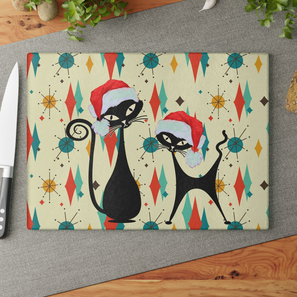 Christmas Atomic cat retro Glass Cutting Board, Franciscan starburst, Kitschy Christmas, Xmas kitchen decor, Mid Century chopping board