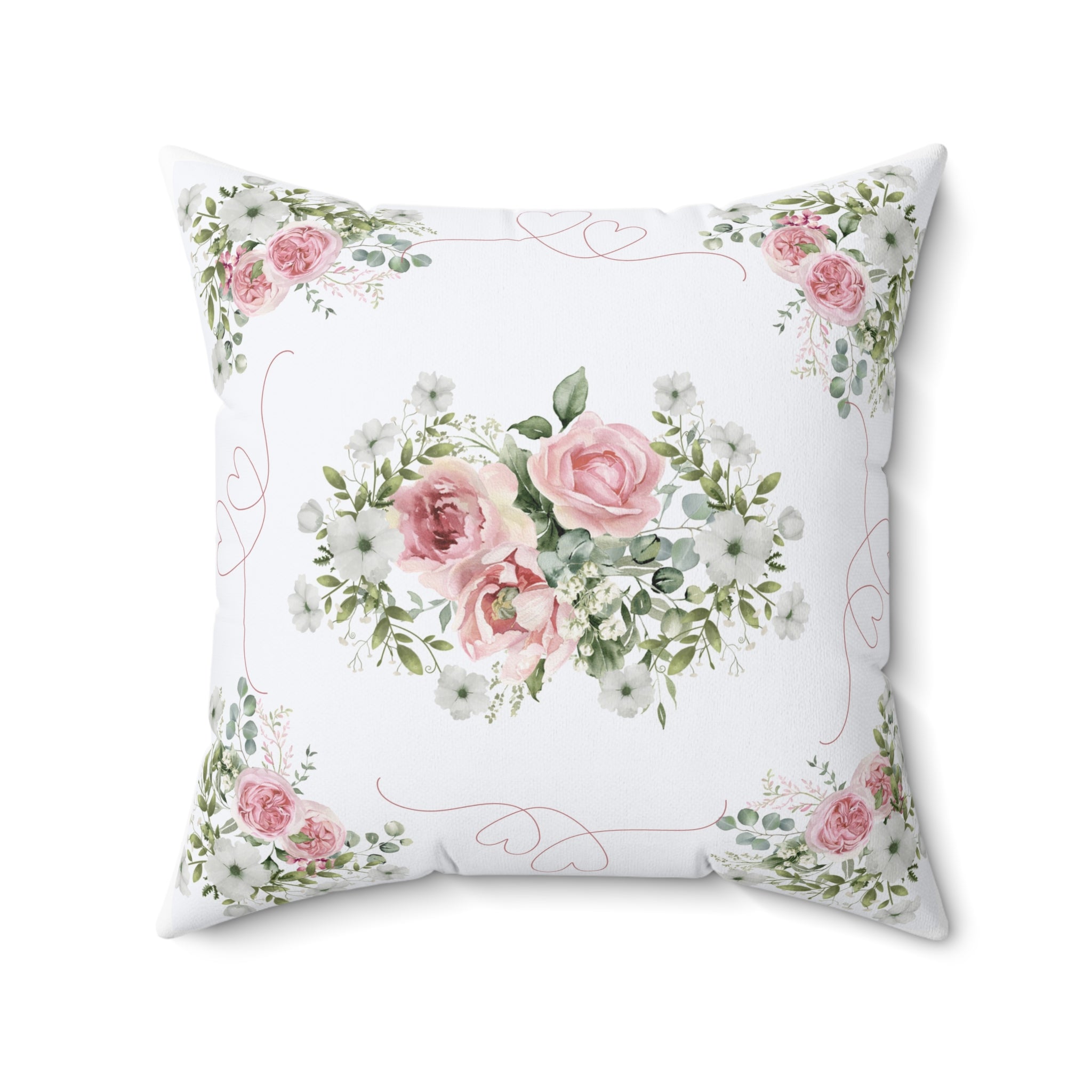 Pink Peony rose love heart Spun Polyester Square Pillow, Shabby chic style, Farmhouse decor, floral scatter cushion