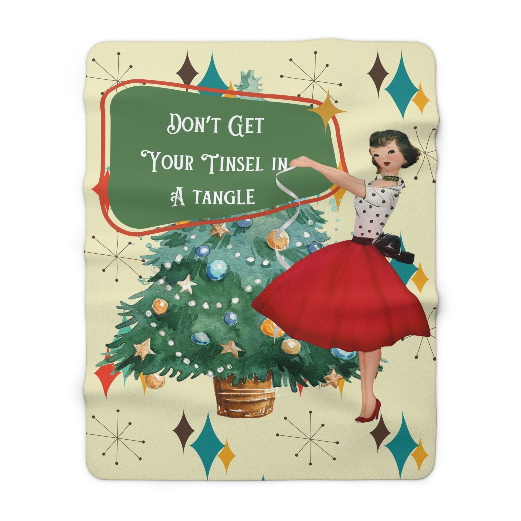 Vintage Christmas Sherpa Blanket — "Don’t Get Your Tinsel in a Tangle" Retro Holiday Throw