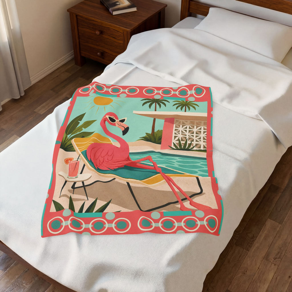 Retro Flamingo Poolside Velveteen Plush Blanket | Mid Century Tropical Design