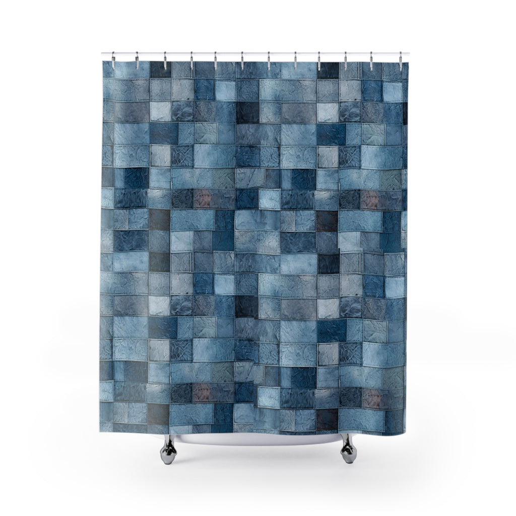 Denim blue patchwork look retro style Shower Curtain, bathtub stall curtain, vintage inspired design