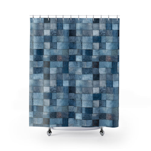 Denim blue patchwork look retro style Shower Curtain, bathtub stall curtain, vintage inspired design