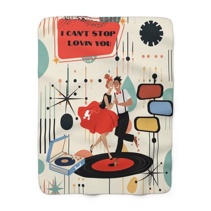 Retro 50s 60s dancing Ï Can't stop lovin you Sherpa Fleece Blanket, MCM home decor, couch snuggle, soft cozy blanket