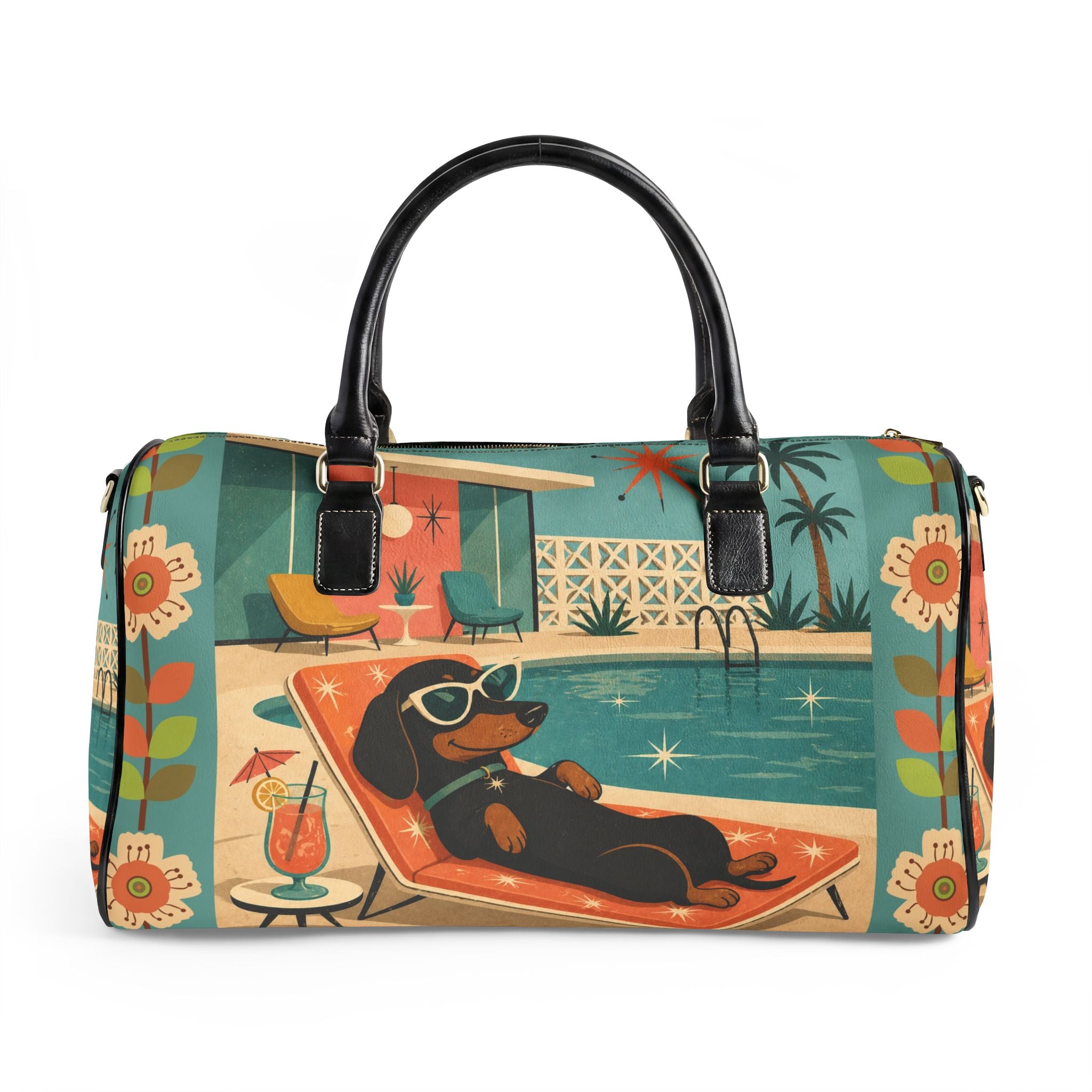 Retro Dachshund Poolside Lounge PU Leather Travel Bag | Vintage Mid Century