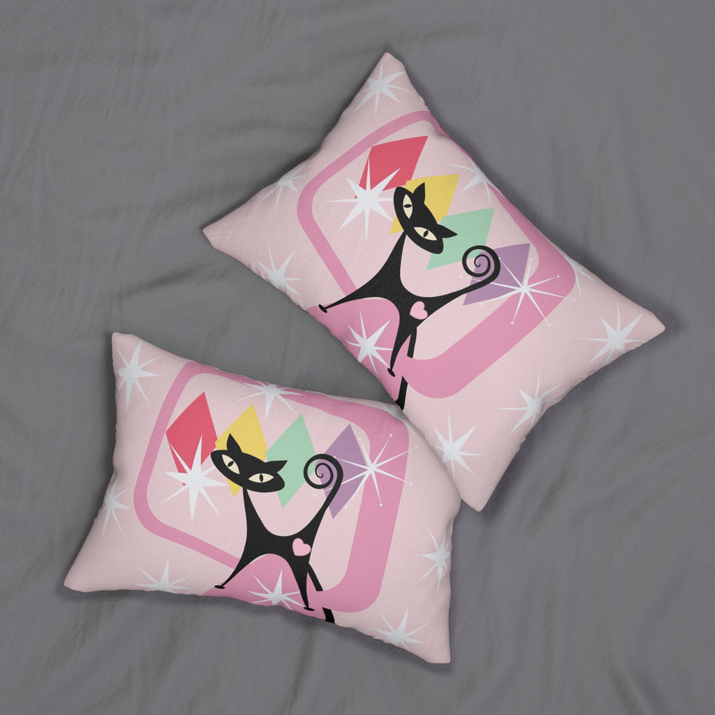 Pink starburst Atomic cat MCM Spun Polyester Lumbar Pillow, retro inspired, kitschy, Mid Century modern, black cat lover gift