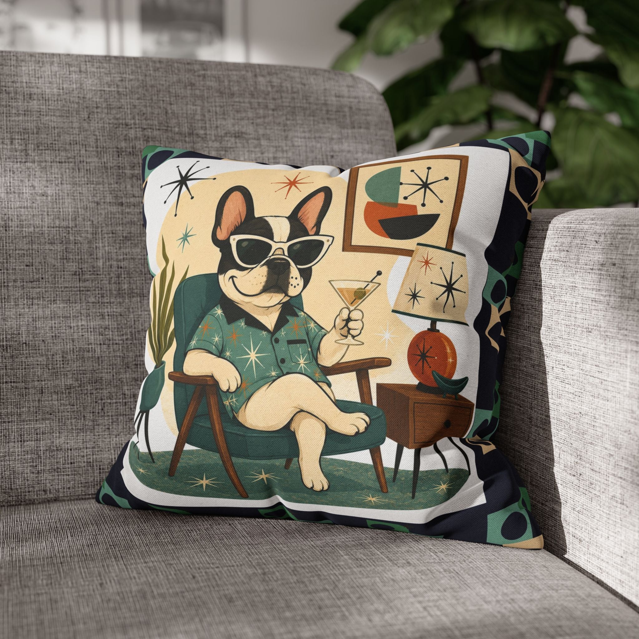 Retro Mid Century French Bulldog Pillowcase | Square Throw Pillowcase - COVER ONLY