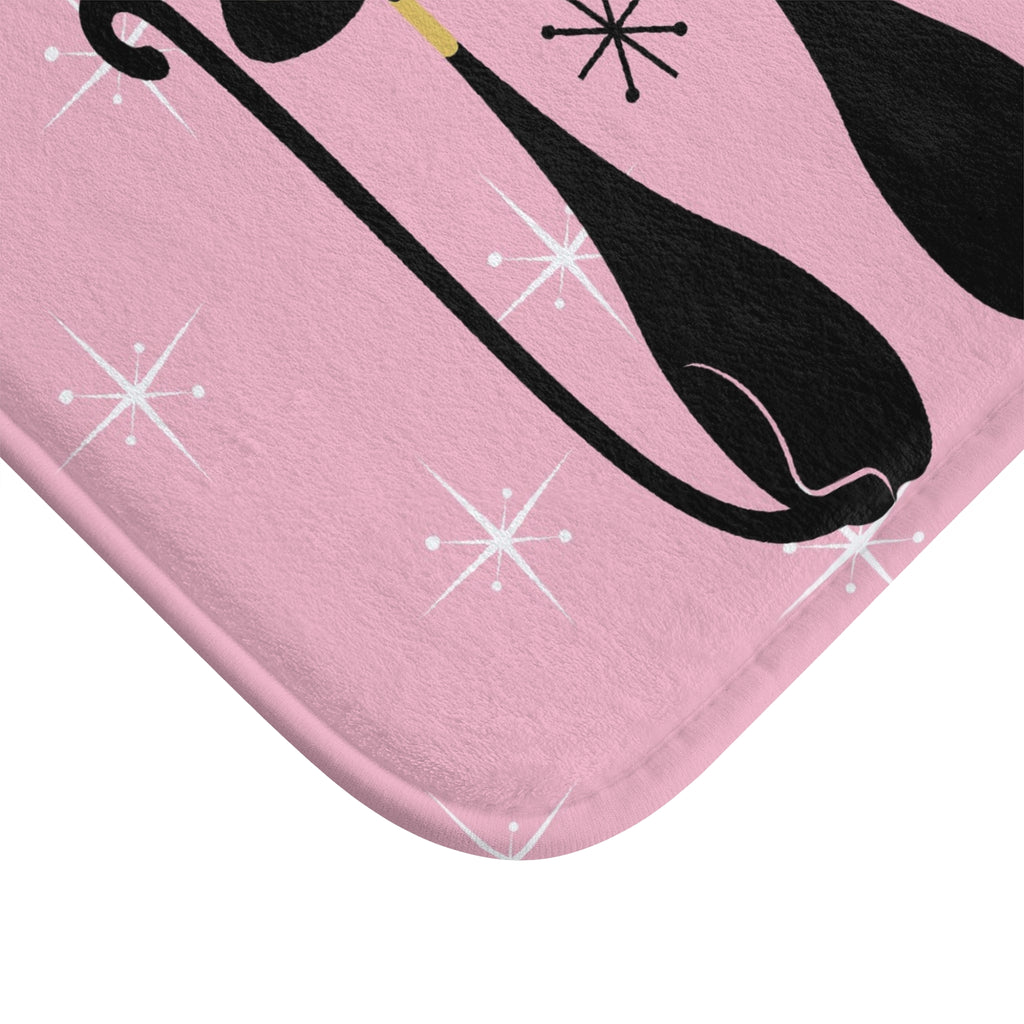 Pink Retro Black Cats Bath Mat — Mid-Century Modern Kitty Bathroom Rug