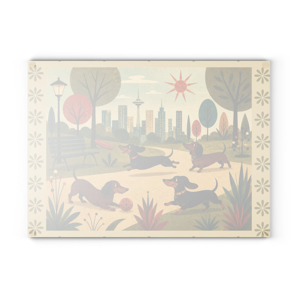 MCM Dachshund Park Scene Glass Cutting Board | Sausage Dog Illustration