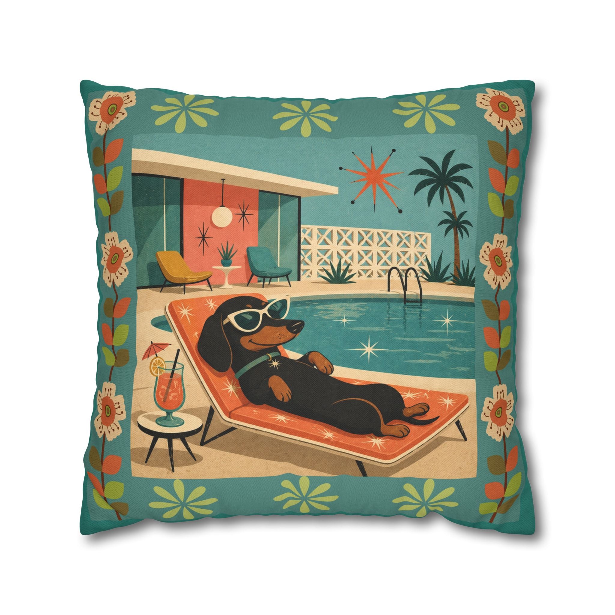 Retro Dachshund Pool Lounge Pillowcase | Square Pillowcase - COVER ONLY - Indoor Use