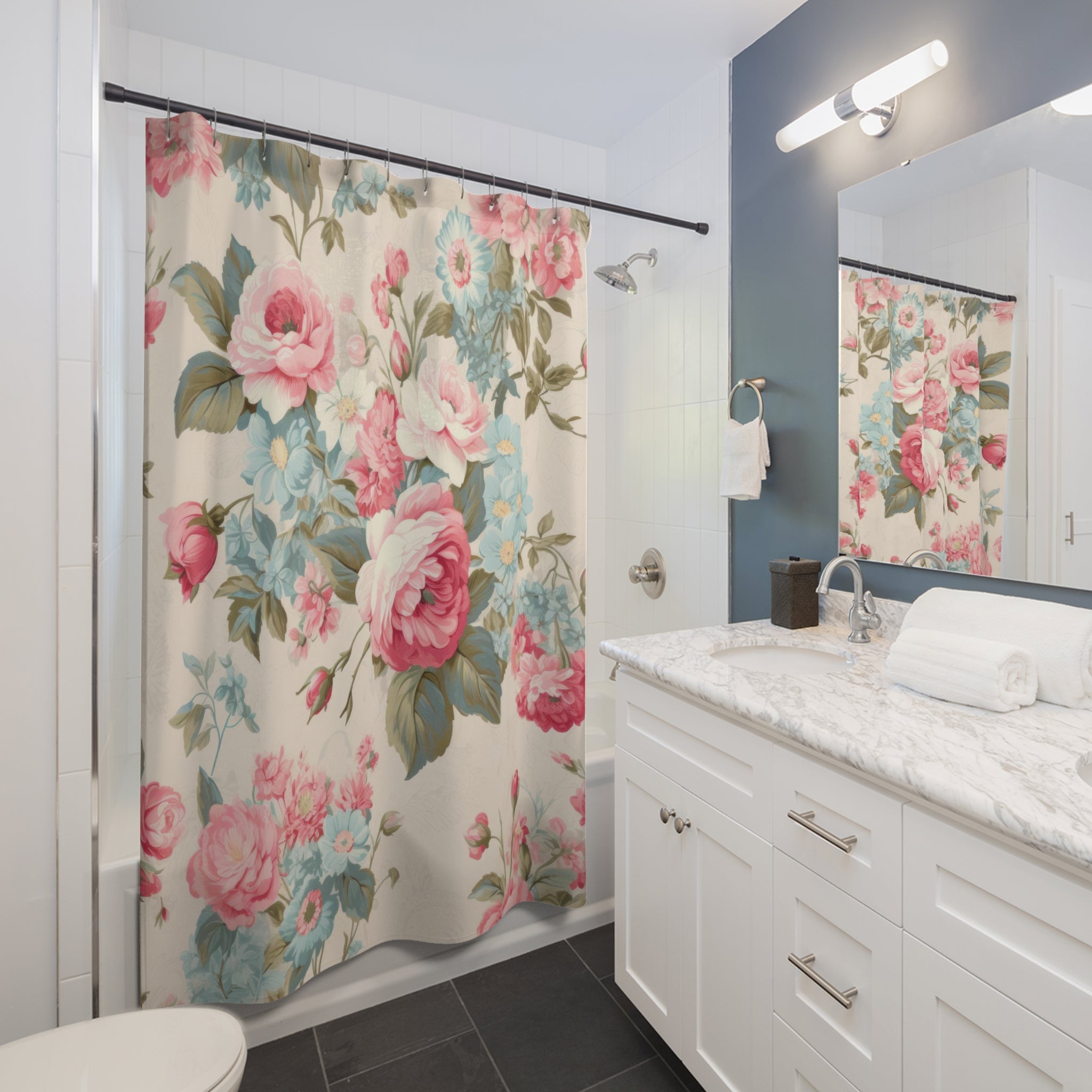 Blue and pink roses shabby chic shower curtain, vintage curtains, vintage bath decor, floral bathroom, flower curtains