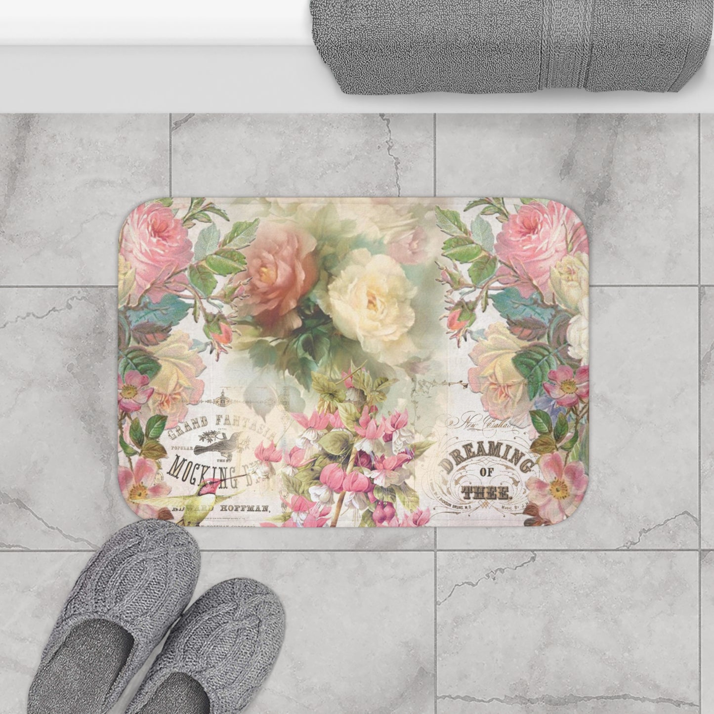 Shabby chic, vintage flowers, cottage decor, floral Bath Mat