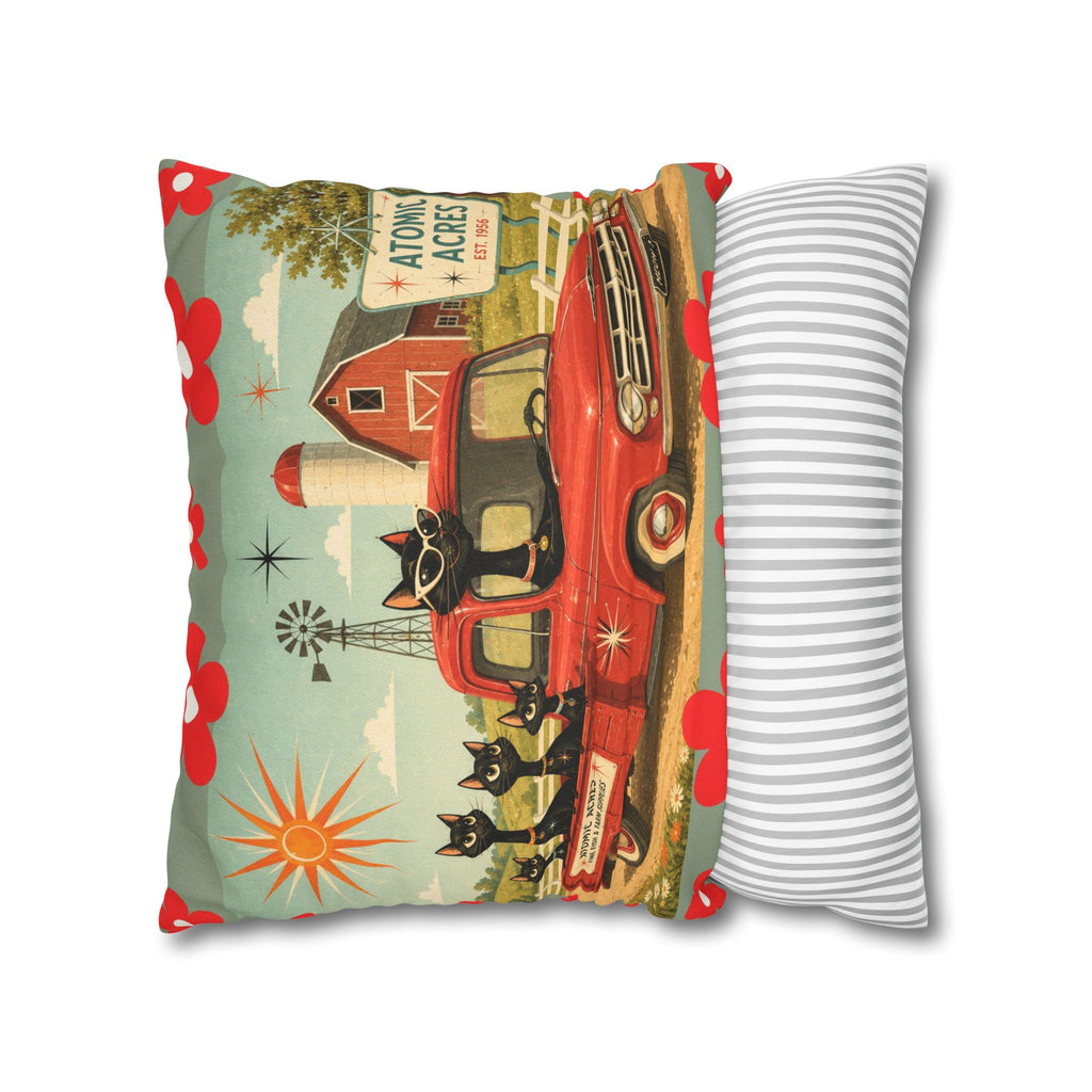 Retro Red Truck with Atomic Black Cats and kittens Pillowcase | MCM Square Pillowcase - COVER ONLY