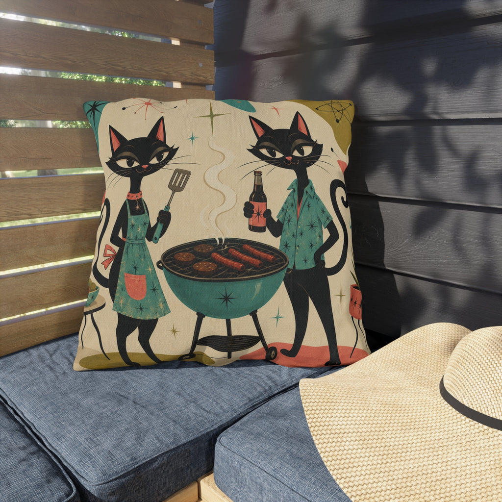 Retro Atomic Black Cats BBQ Outdoor Pillow | Mid Century Modern Cat Grill Decorative Cushion