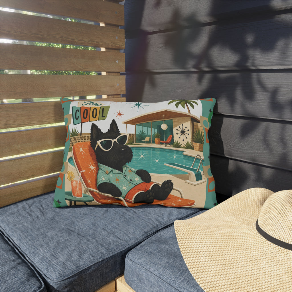 Retro Poolside Scottie Dog Stay Cool Outdoor Pillow | Mid Century Modern