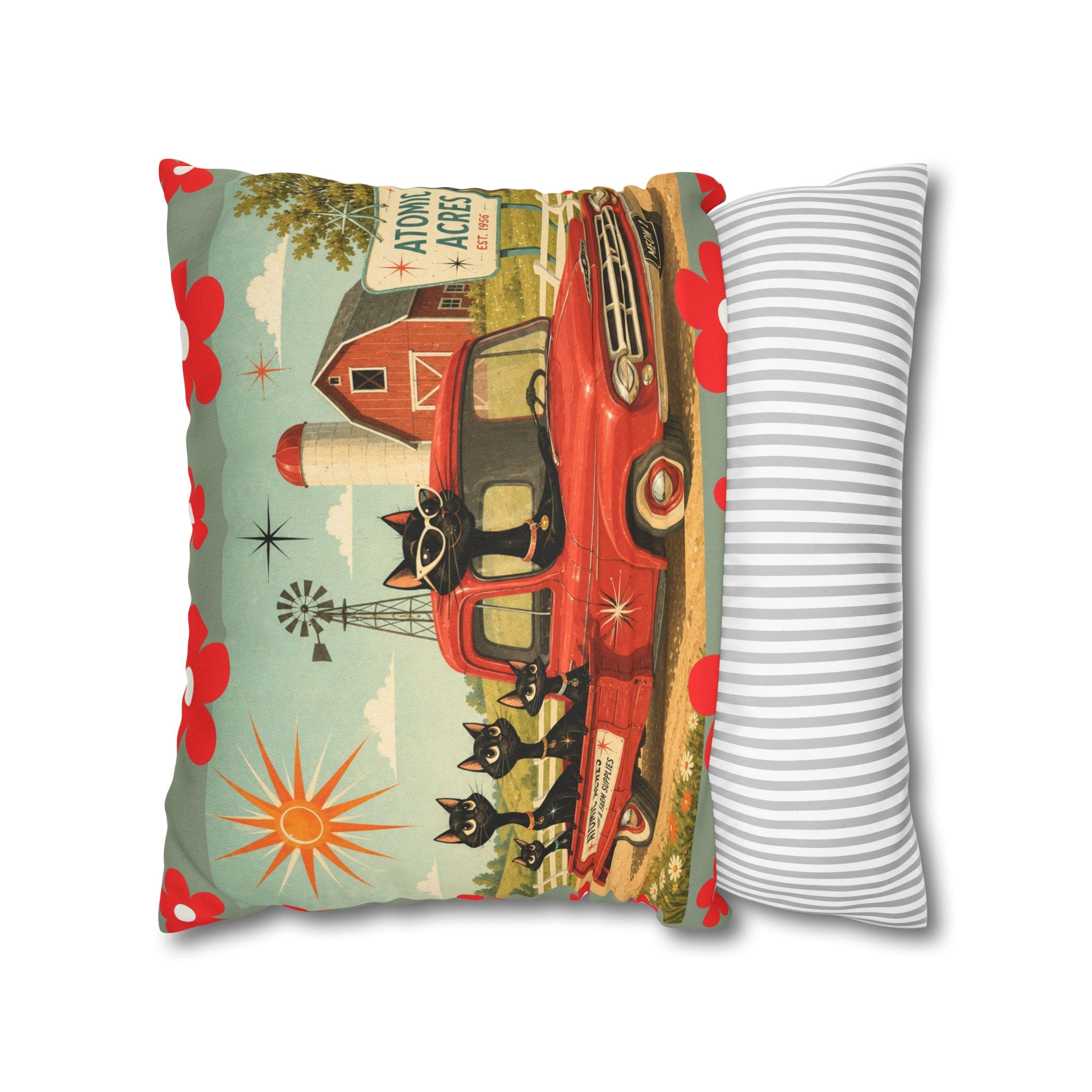 Retro Red Truck with Atomic Black Cats and kittens Pillowcase | MCM Square Pillowcase - COVER ONLY