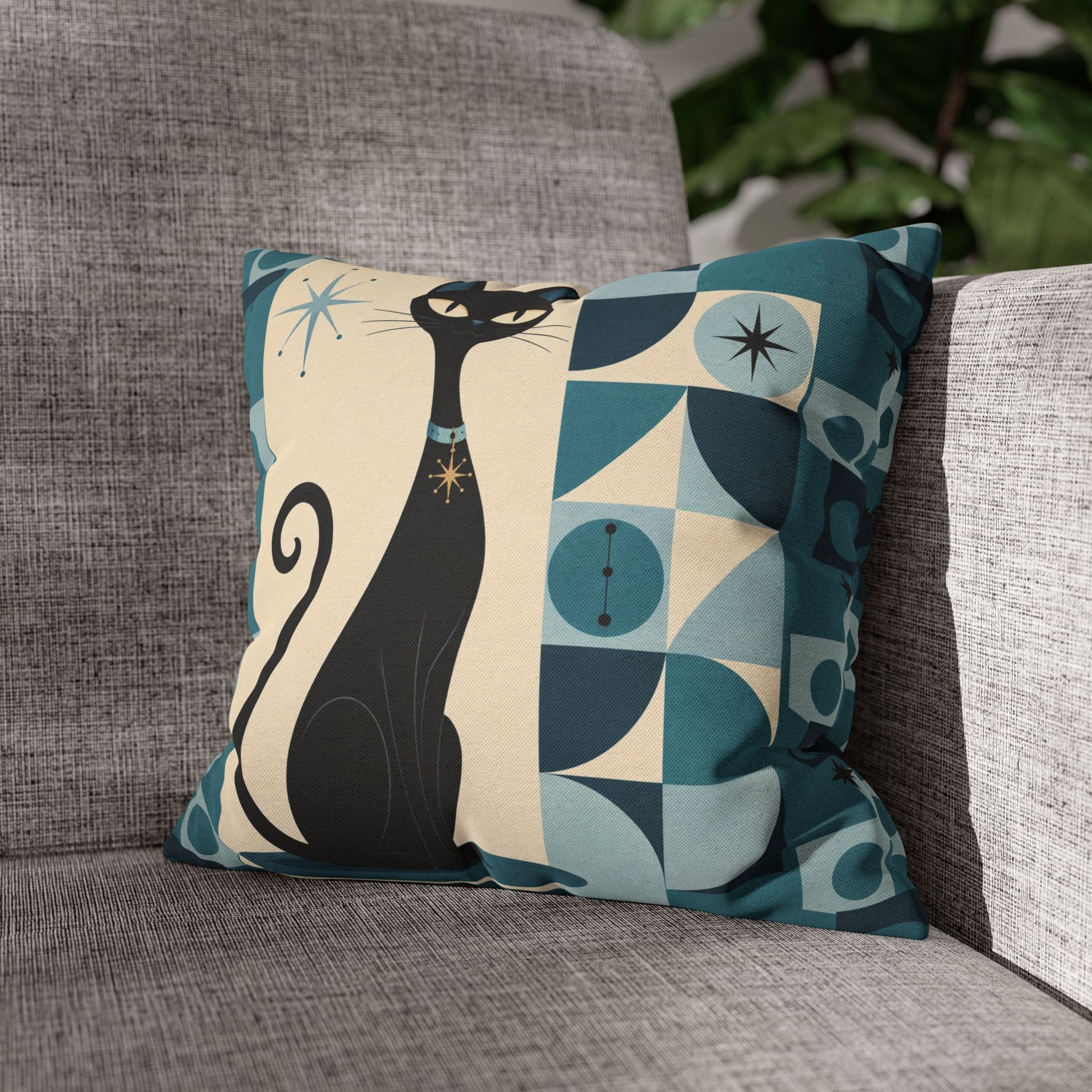 Mid Century Atomic Black Cat Pillowcase | Square Pillowcase, Retro Geometric Cat - COVER ONLY