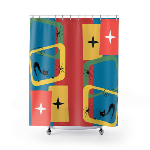 Atomic cat MCM Shower Curtain Mid Century Modern bathroom decor black at lover gift