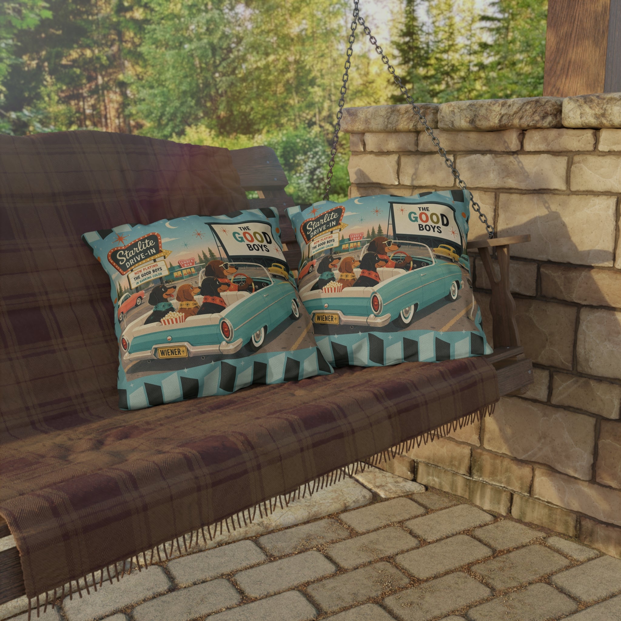 MCM Dachshund Drive-In Dogs Retro Art Outdoor Pillow | Vintage Movie Night