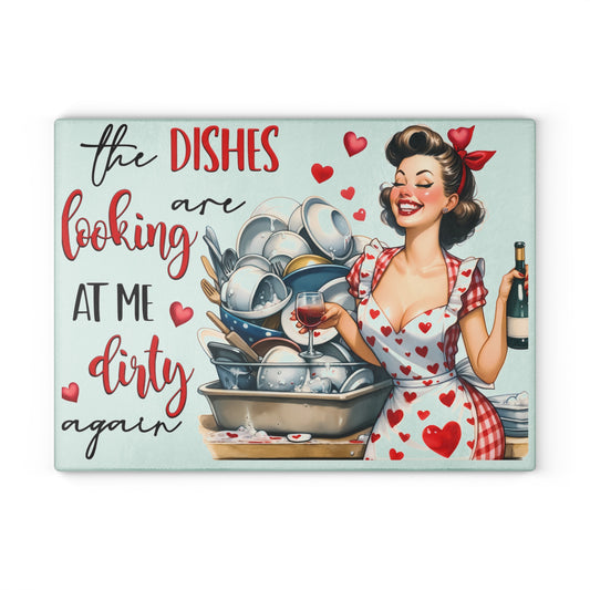 Vintage inspired Dirty dishes Glass Cutting Board, valentines gift, retro chopping board