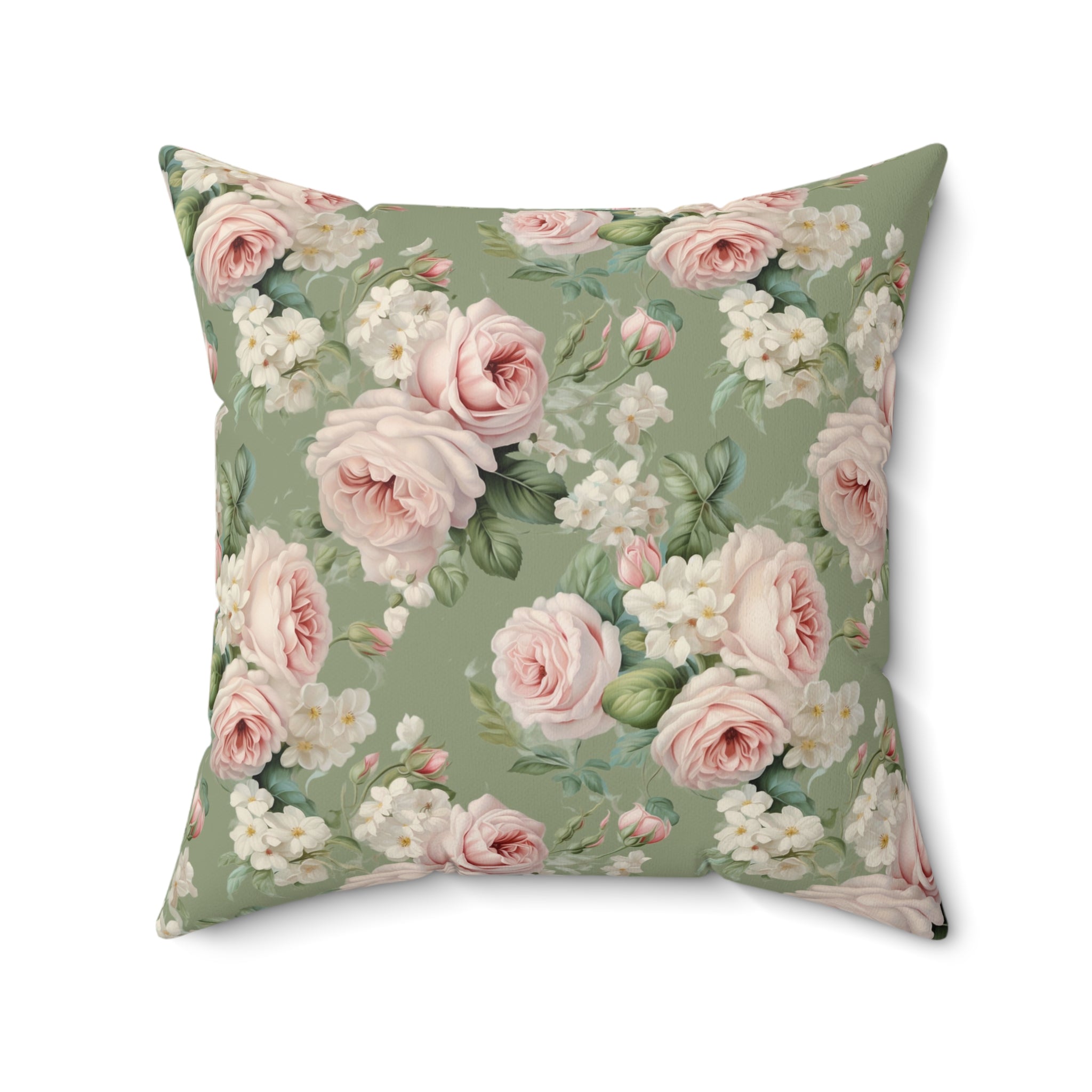 Pink vintage roses with green background Spun Polyester Square Pillow, Shabby chic, Farmhouse decor, country cottage, scatter throw cushion