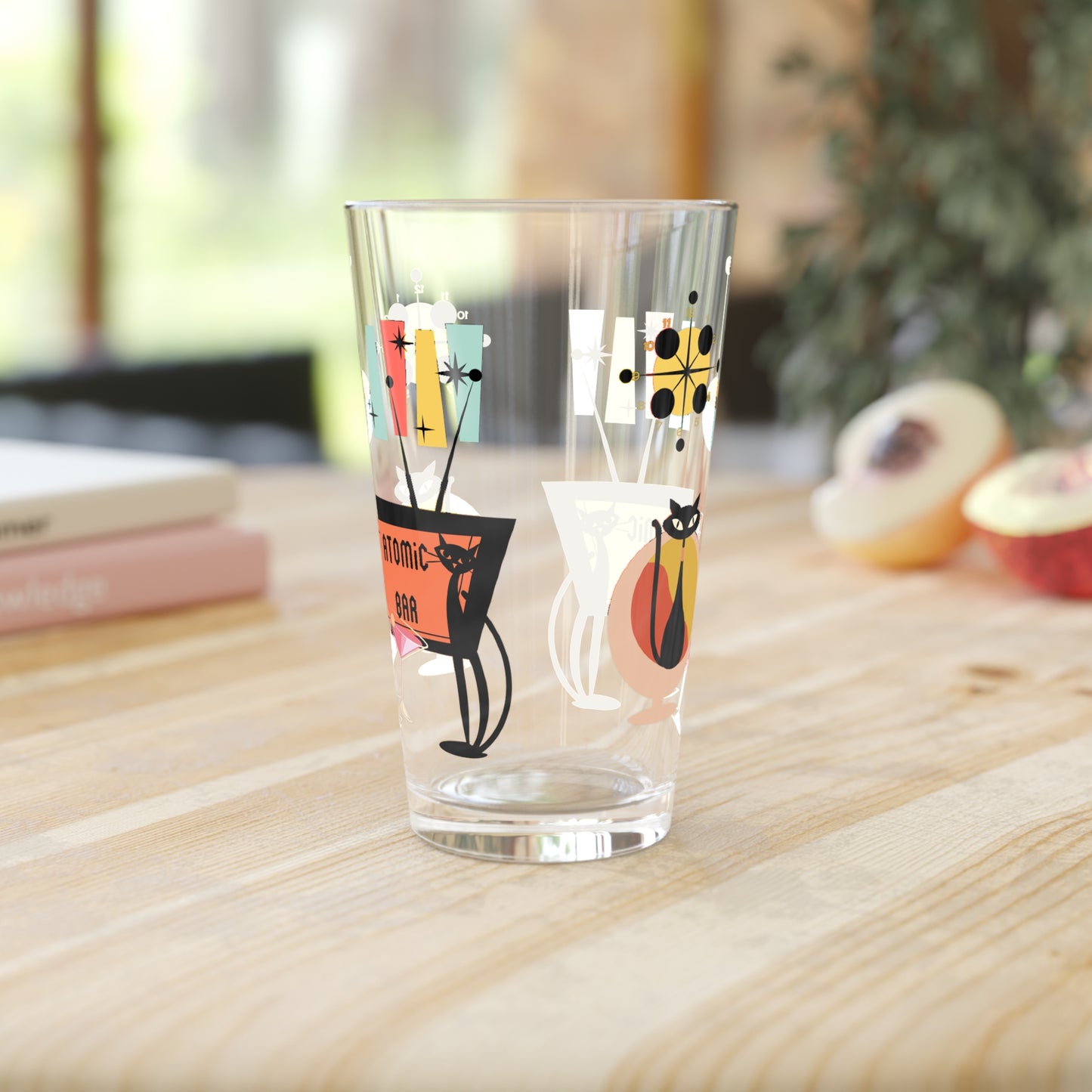 Atomic Bar retro cat Pint Glass, 16oz, retro party glasses, Mid Century barware, cocktail, beer, juice drinking glass,( PRICE PER GLASS)