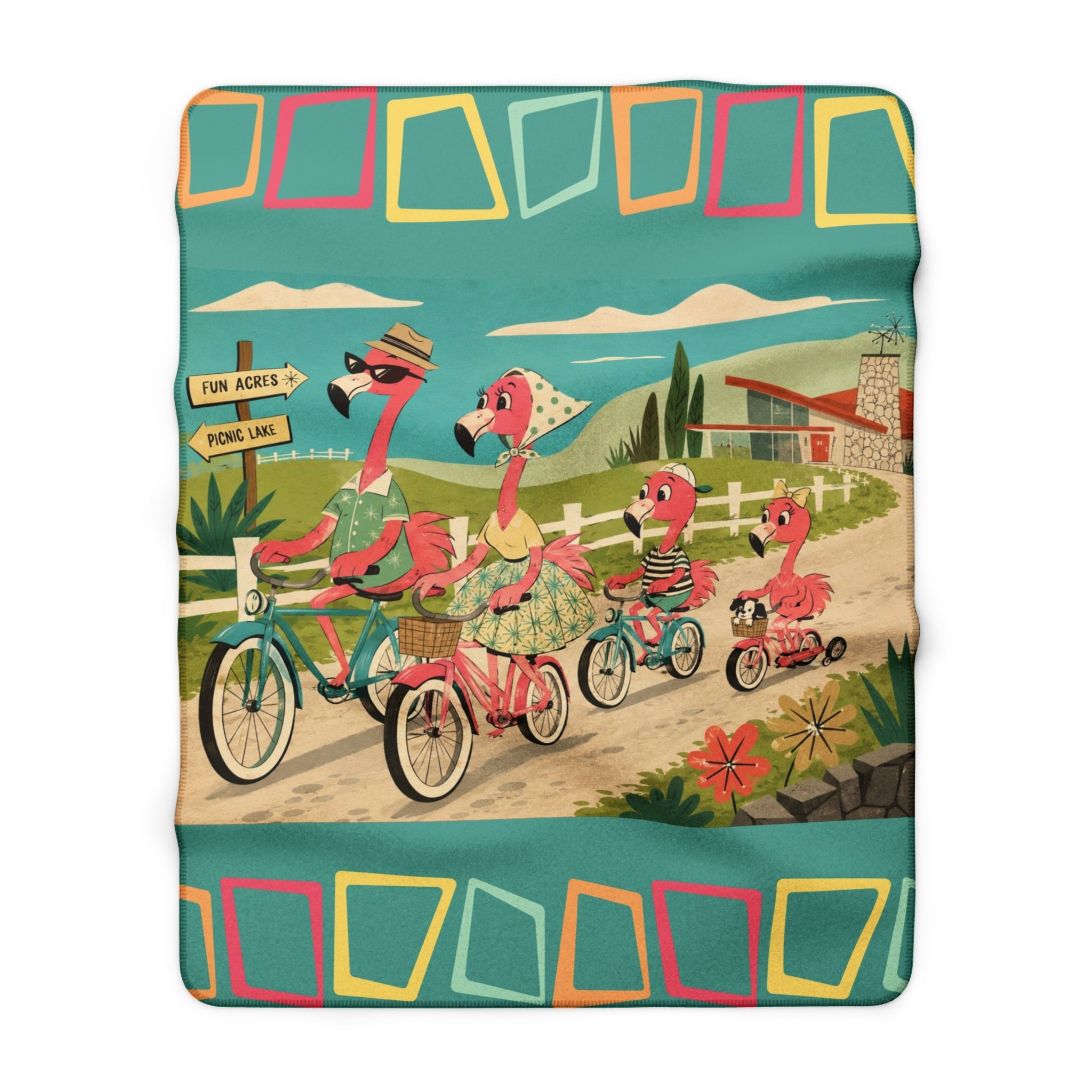 Retro Flamingo Family Bike Ride Sherpa Fleece Blanket | Vintage Tropical
