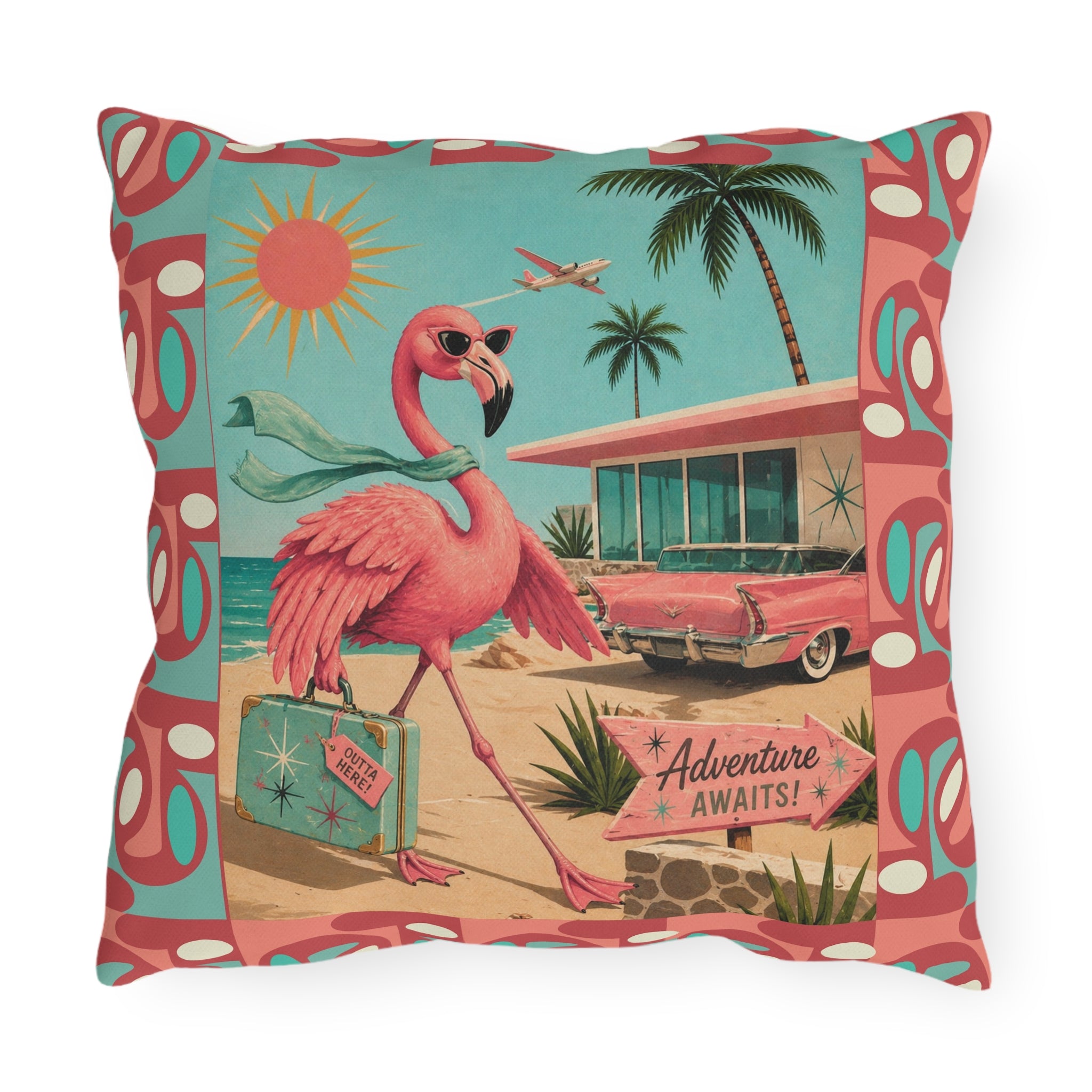 Retro Flamingo fly away Travel Illustration Outdoor Pillow | Mid Century Beach Adventure