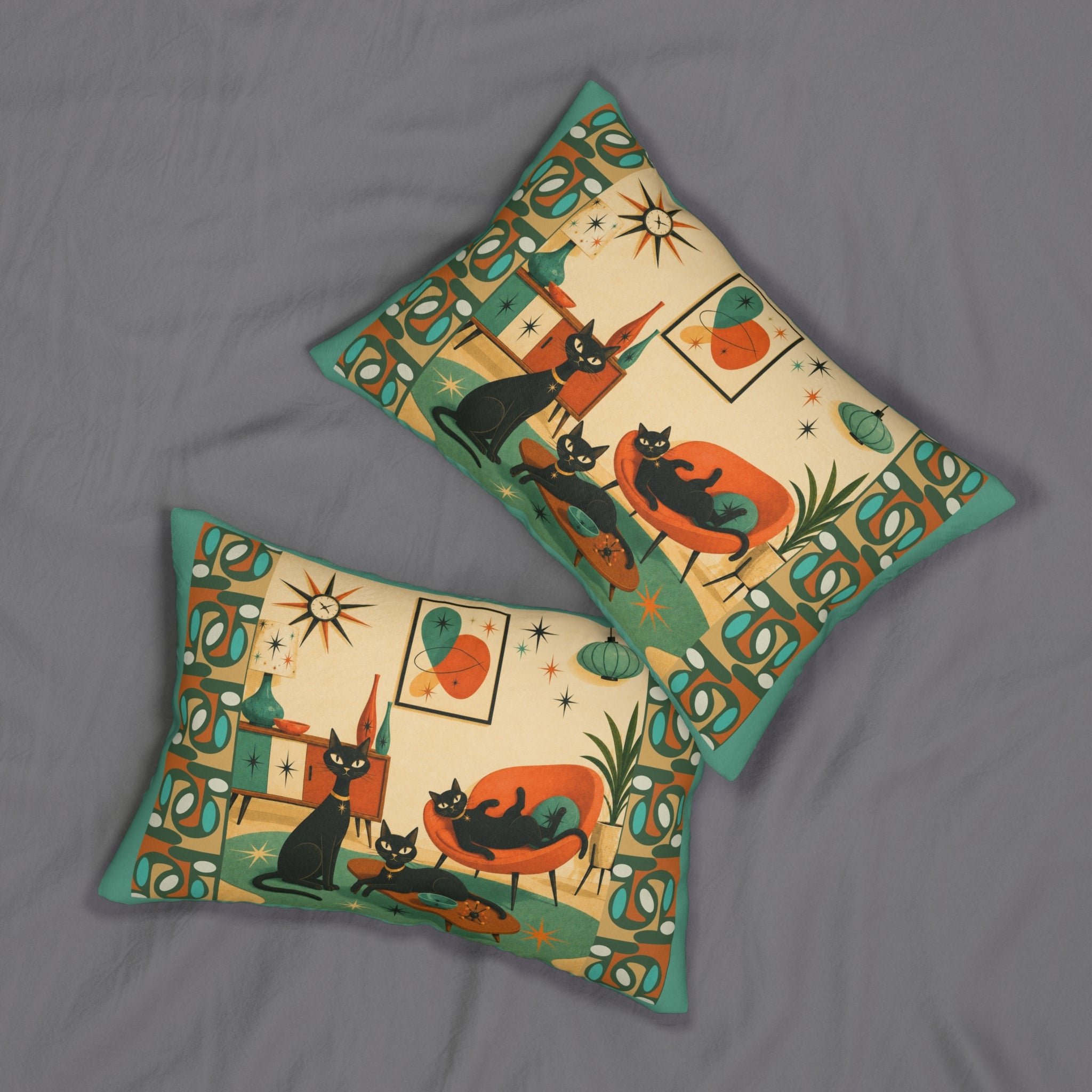 Mid Century Atomic Cats lumbar pillow | retro atomic living room design