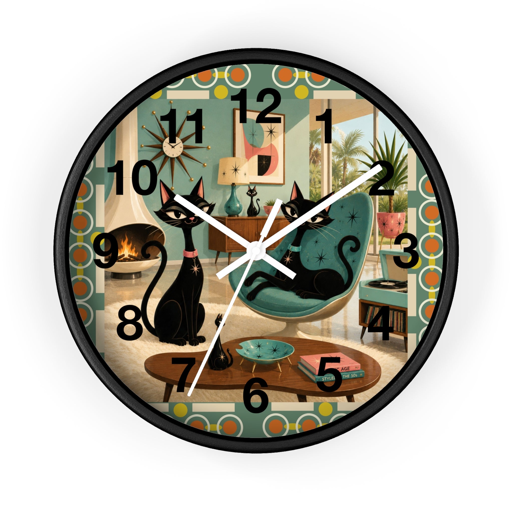 Mid Century Atomic Black Cats Wall Clock | Retro Living Room Decor