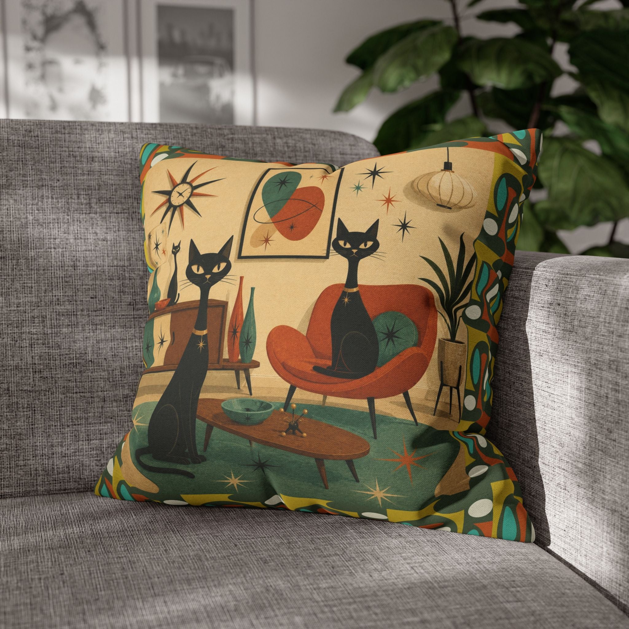 Mid Century Atomic Cats Pillowcase | Retro Atomic Living Room Throw Pillow - COVER ONLY