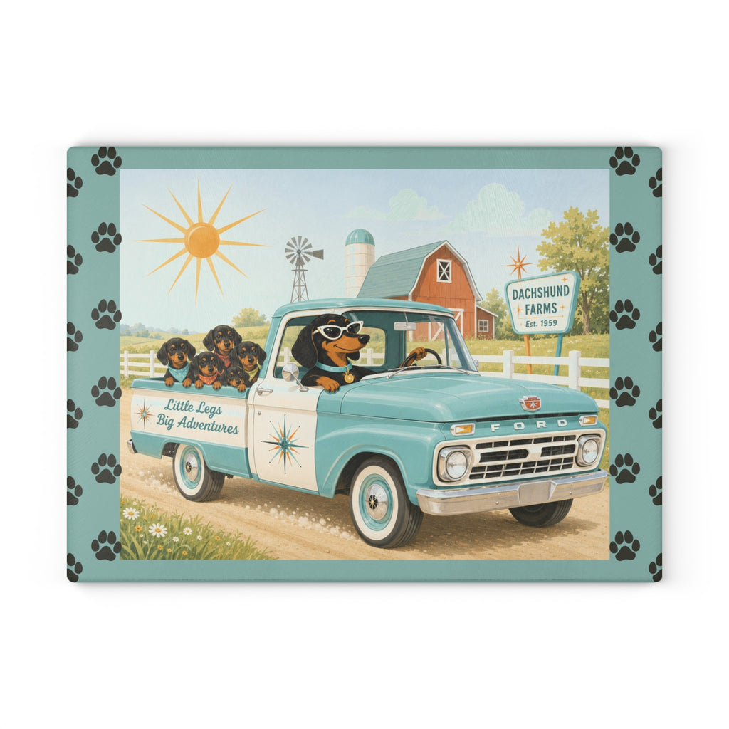 MCM Dachshund Farm Truck Glass Cutting Board | Retro Doxie Dogs Kitchen Decor