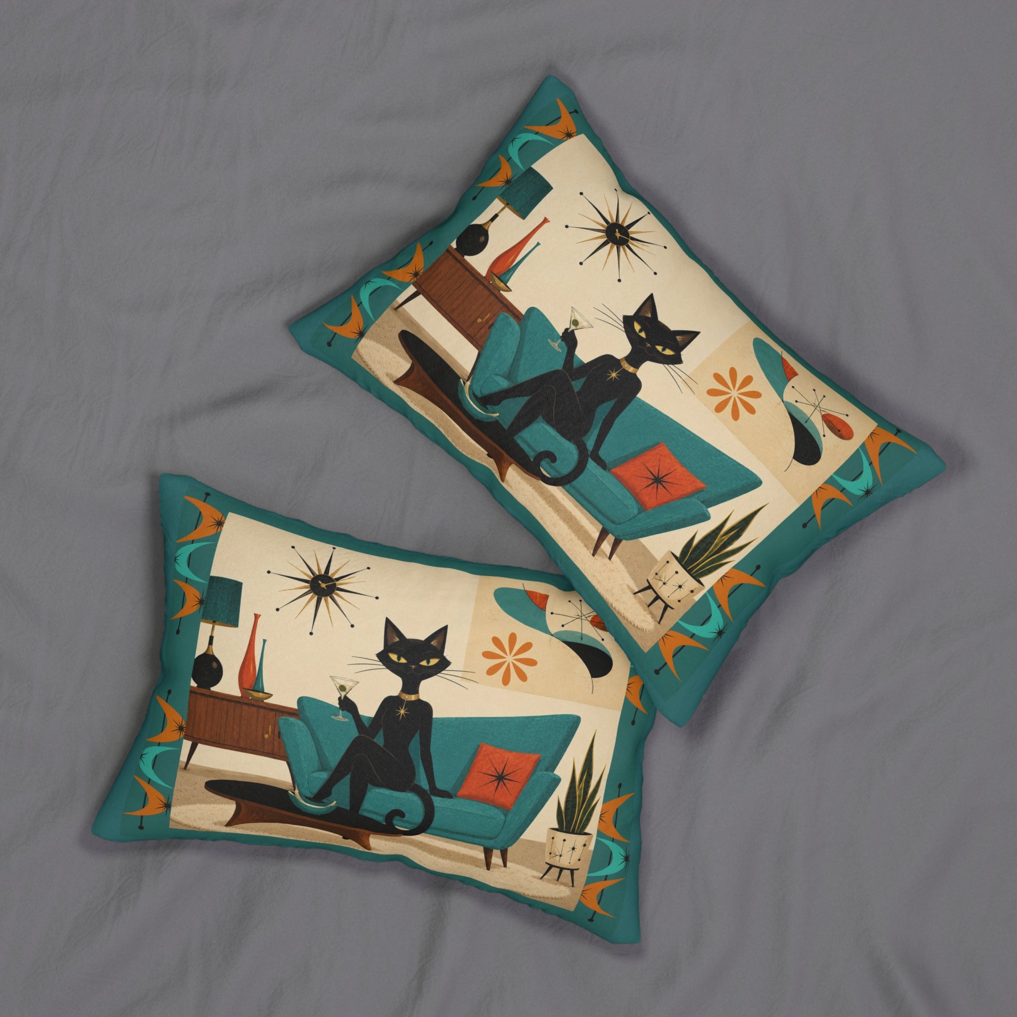 Mid Century Atomic Cat Lounge Lumbar Pillow | Retro Atomic Living Room