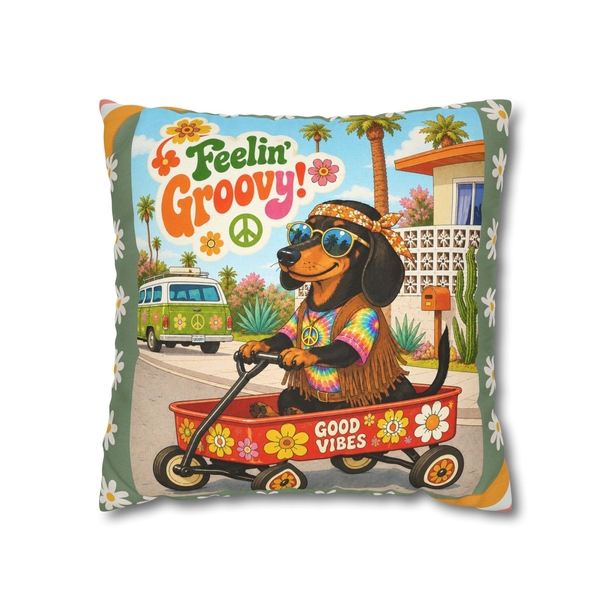 Feelin' Groovy retro Dachshund Pillowcase | 60s 70s pattern Square Decorative Pillow