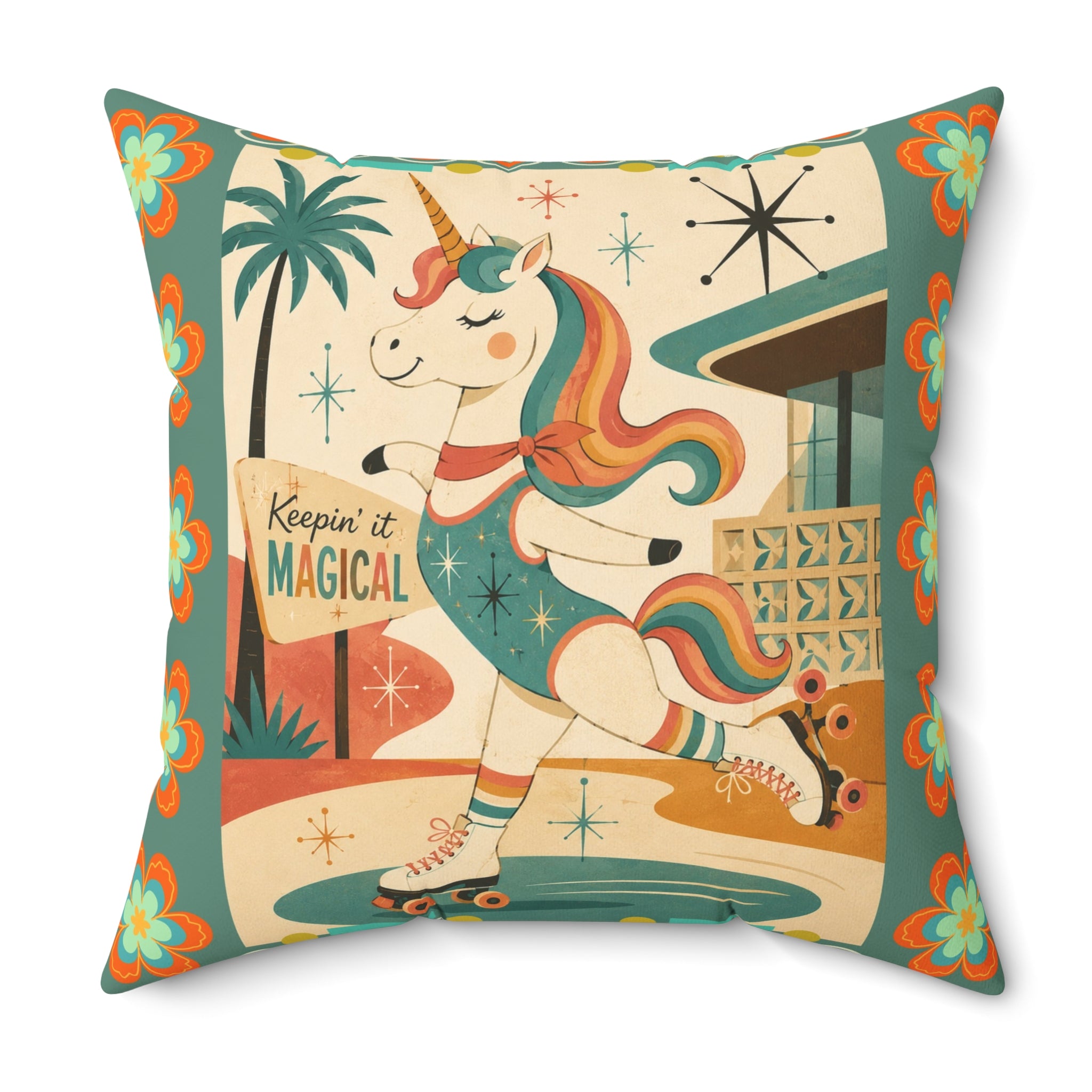 Retro Roller Skating Unicorn pillow | Square Polyester Throw Pillow, Vintage Rainbow Unicorn