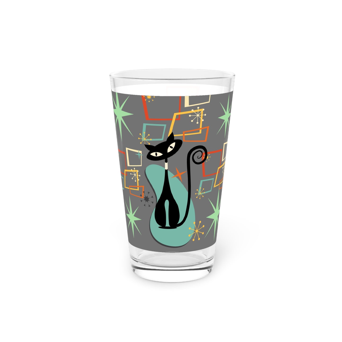 Atomic cat geometric shapes retro Pint Glass, 16oz, mid century modern, vintage vibes decor (price is per glass)