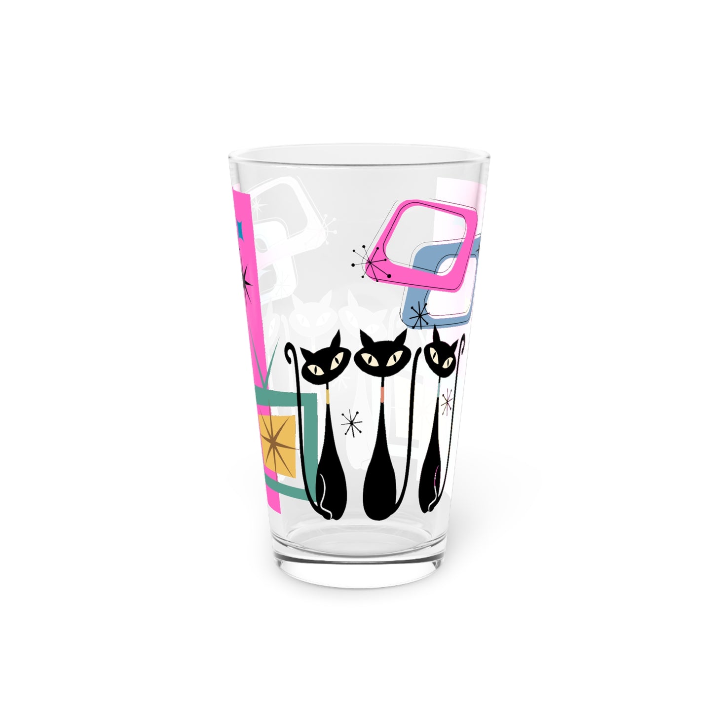 Three Atomic cats retro MCM Pint Glass, 16oz, Mid Century Modern, Cosmic cat, retro party glasses, beer, juice cocktail glass, PRICE IS PER GLASS