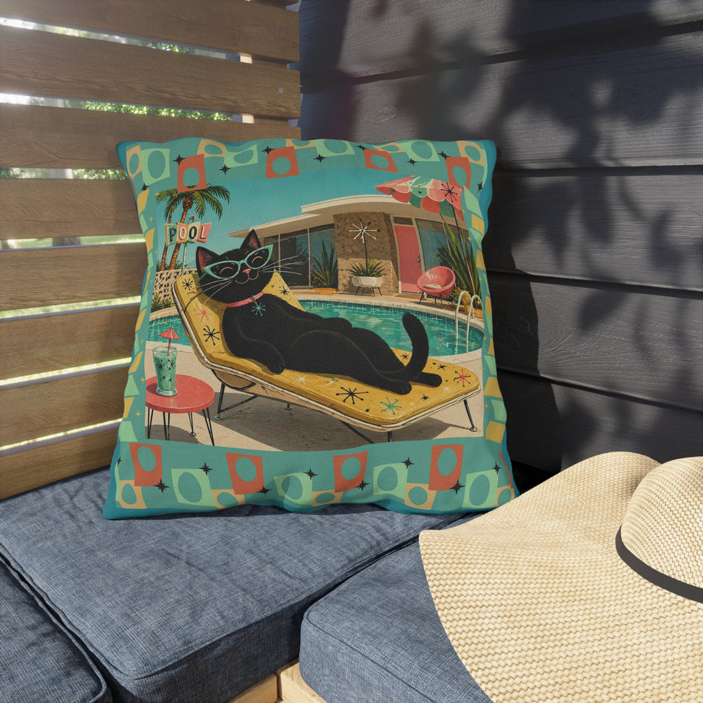 Retro Black Cat Poolside Outdoor Pillow | Mid Century Modern Patio Decor