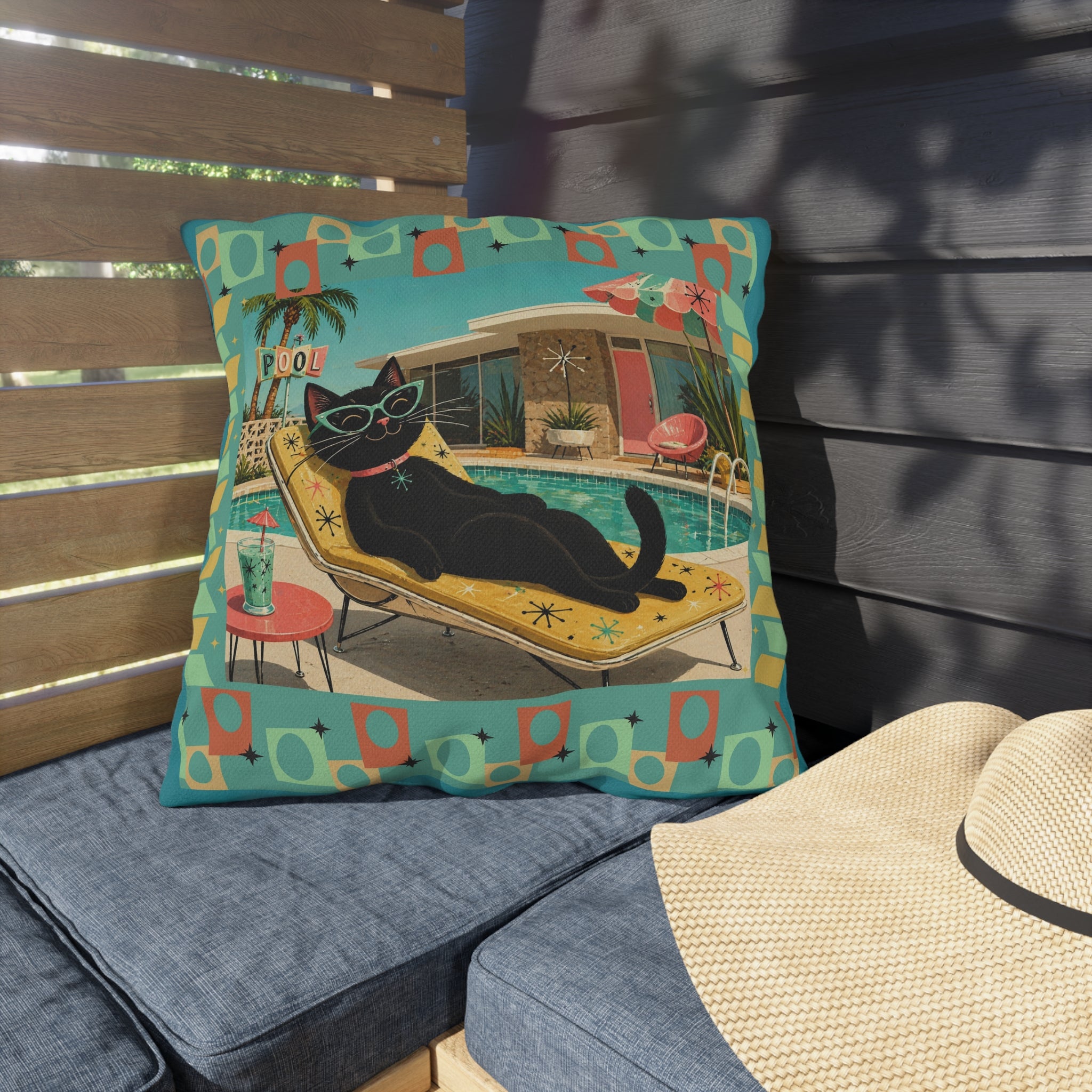 Retro Black Cat Poolside Outdoor Pillow | Mid Century Modern Patio Decor