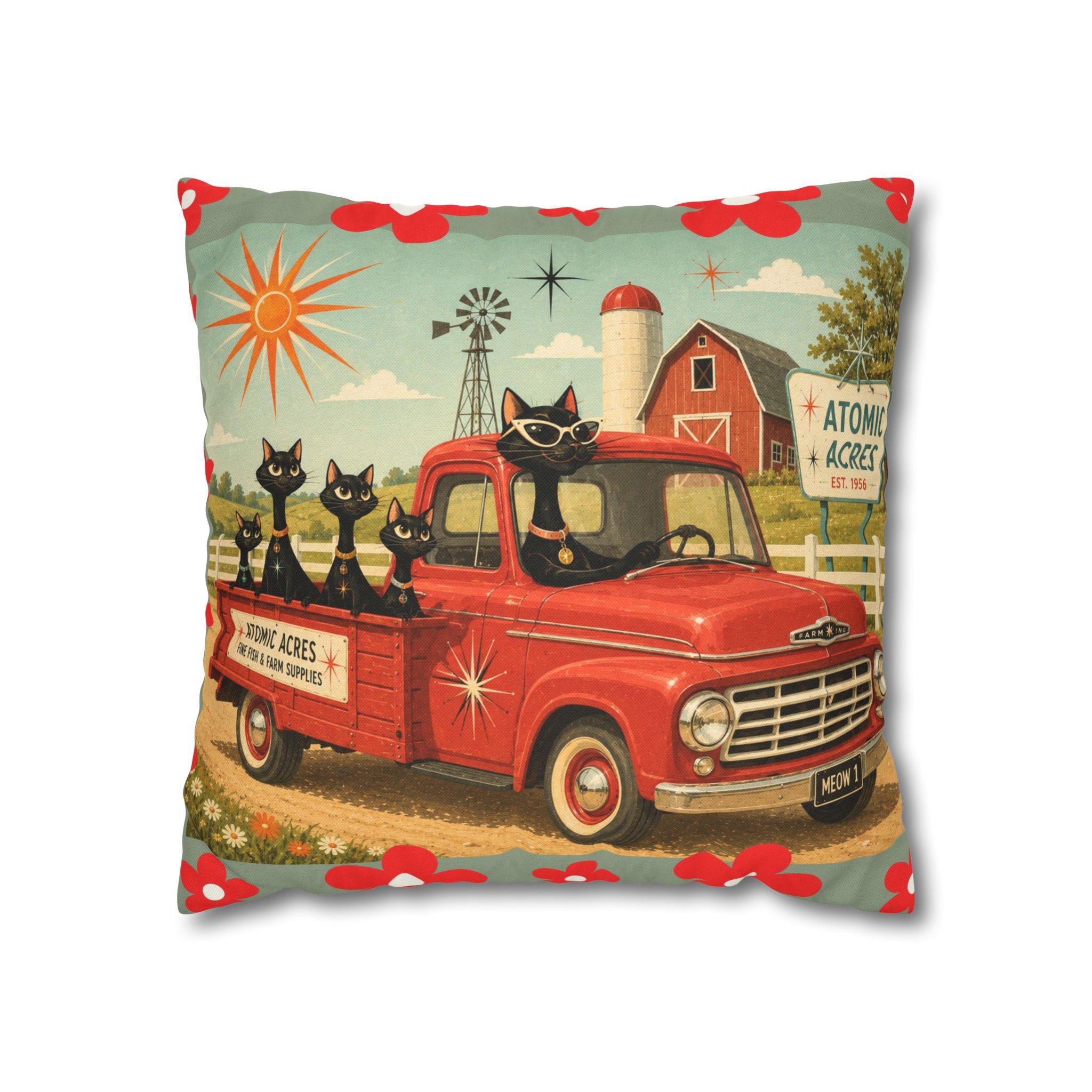Retro Red Truck with Atomic Black Cats and kittens Pillowcase | MCM Square Pillowcase - COVER ONLY