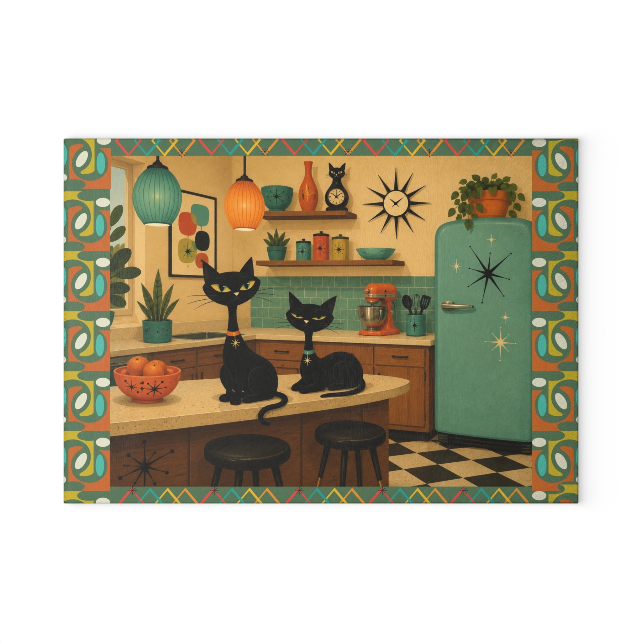 Retro Atomic Black Cats Kitchen Glass Cutting Board | Mid Century Cat Artwork
