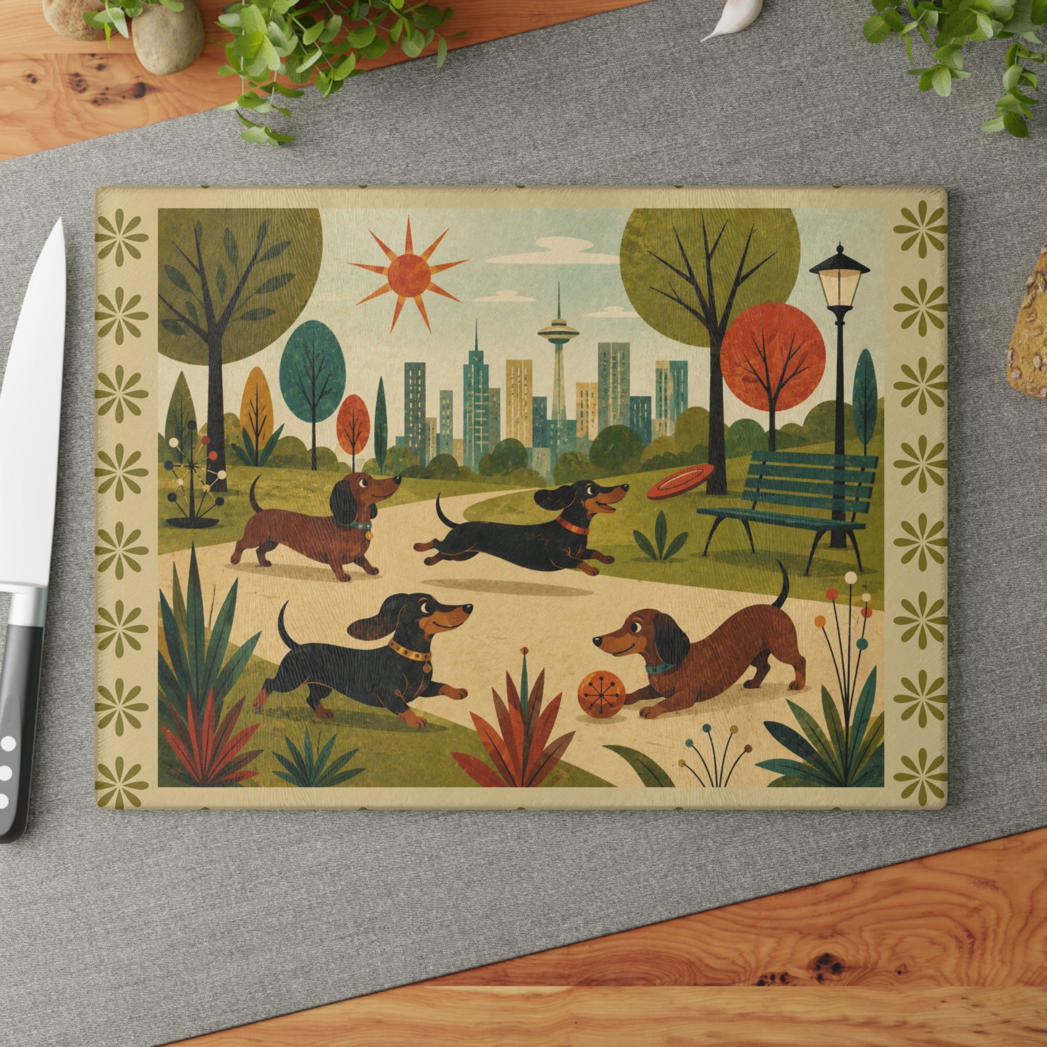 MCM Dachshund Park Scene Glass Cutting Board | Sausage Dog Illustration