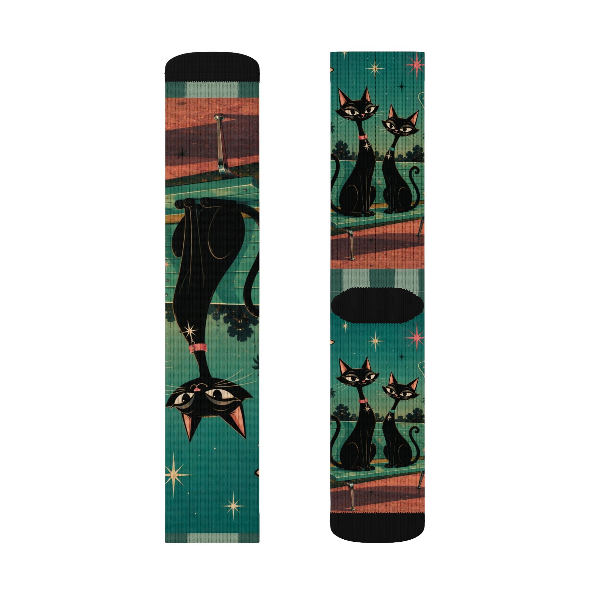 Retro Atomic Black Cats Socks | Teal Night Cat Pattern Sublimation Socks