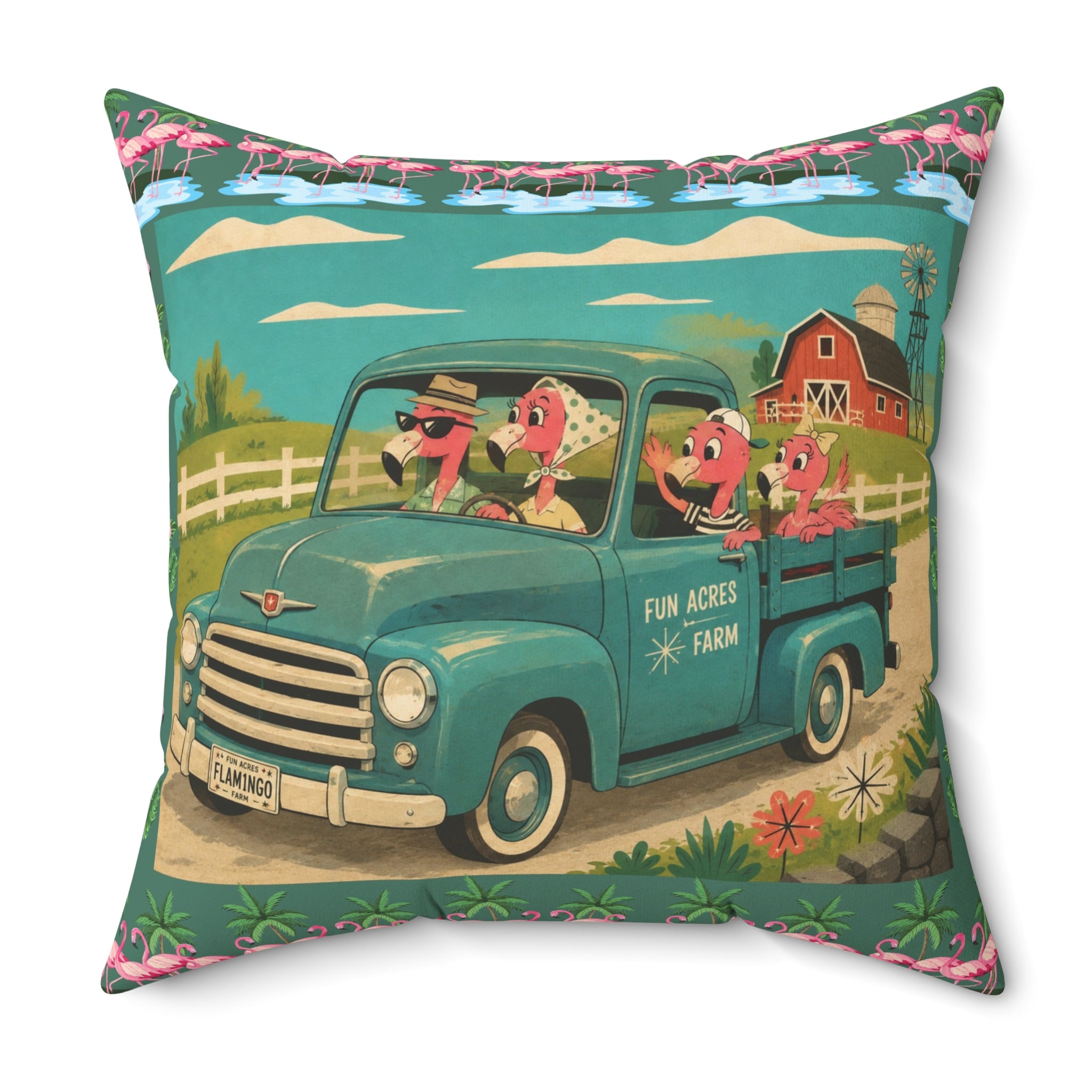 MCM Pink Flamingo Vintage Farm Truck Pillow | Retro Pickup with Farm Animals